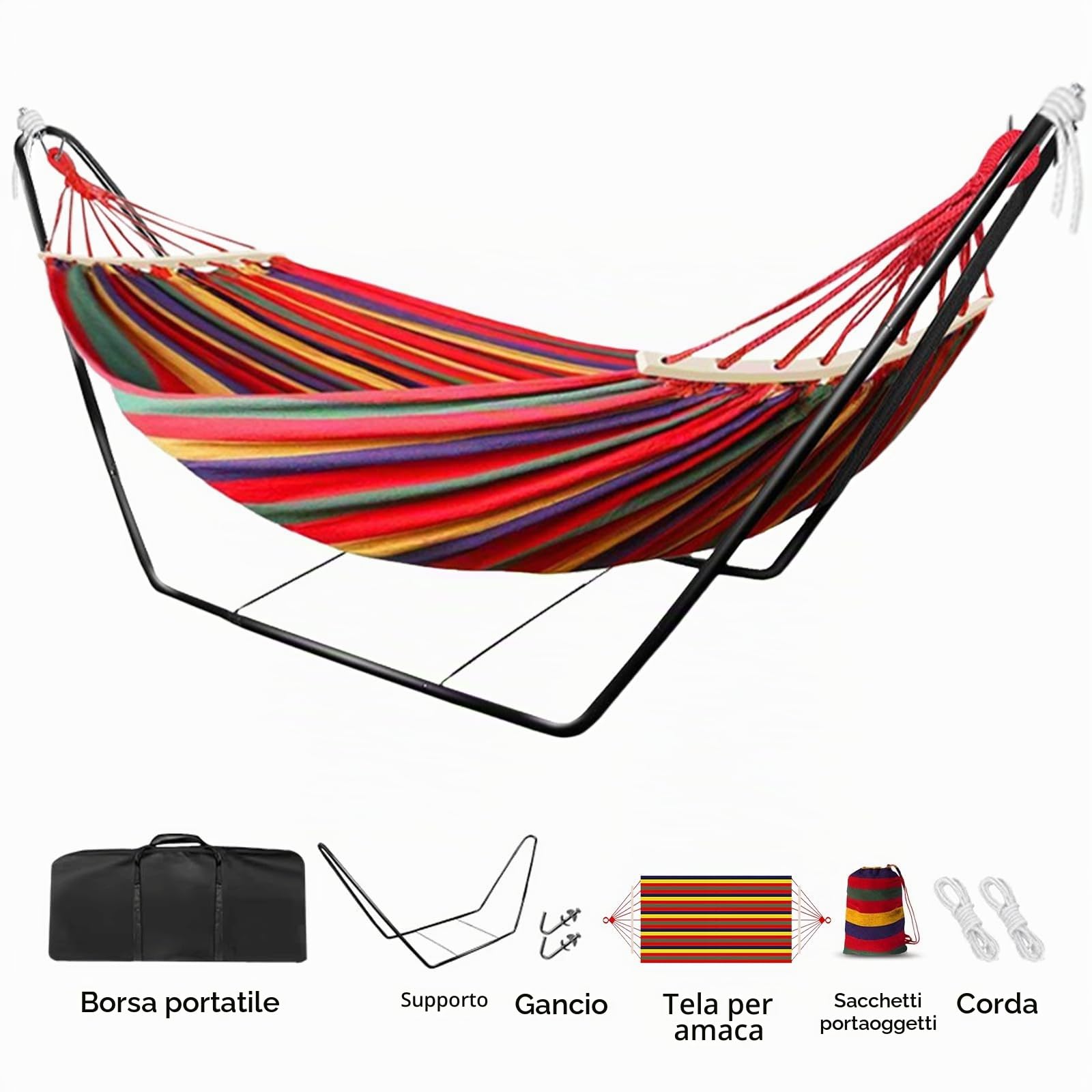 Amaca con supporto, amaca, amaca all'aperto con supporto, amaca da giardino con supporto, sedie da giardino da campeggio, amaca singola con struttura in metallo con borsa portatile e accessori