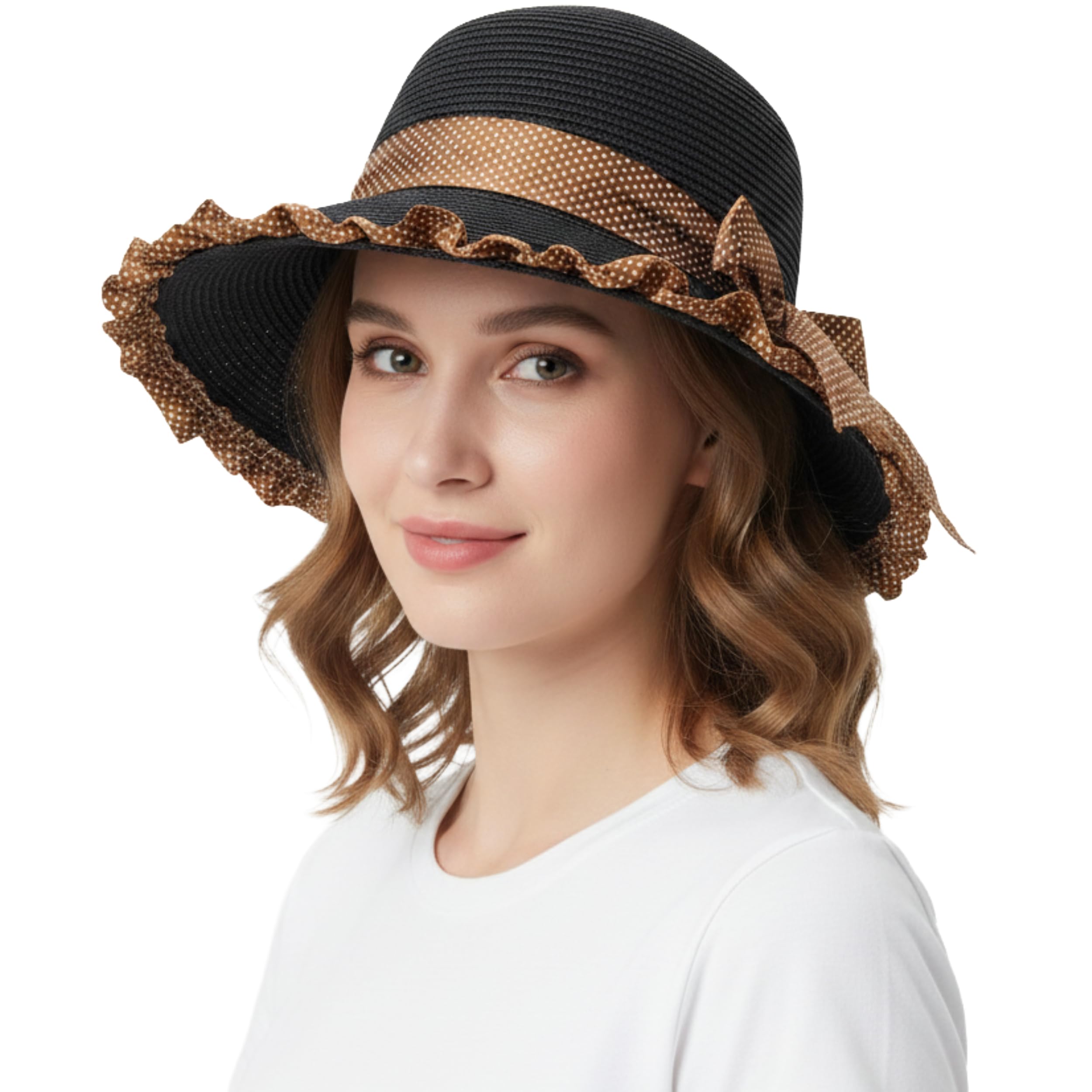 Xlent Bucket Hat for Women | Elegant Wide Brim Sun Hat for Summer Travel - Packable Straw Beach Hat with Polka Dot Ribbon - Stylish UV Protection Outdoor Fashion Accessory for Gift!-image-9