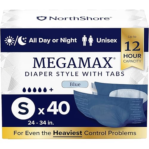 NorthShore MegaMax Adult Overnight Diapers, 12-Hour Tab-Style, Small, 40 Count Case, Blue, 24-34 inches, Unisex Incontinence Underwear