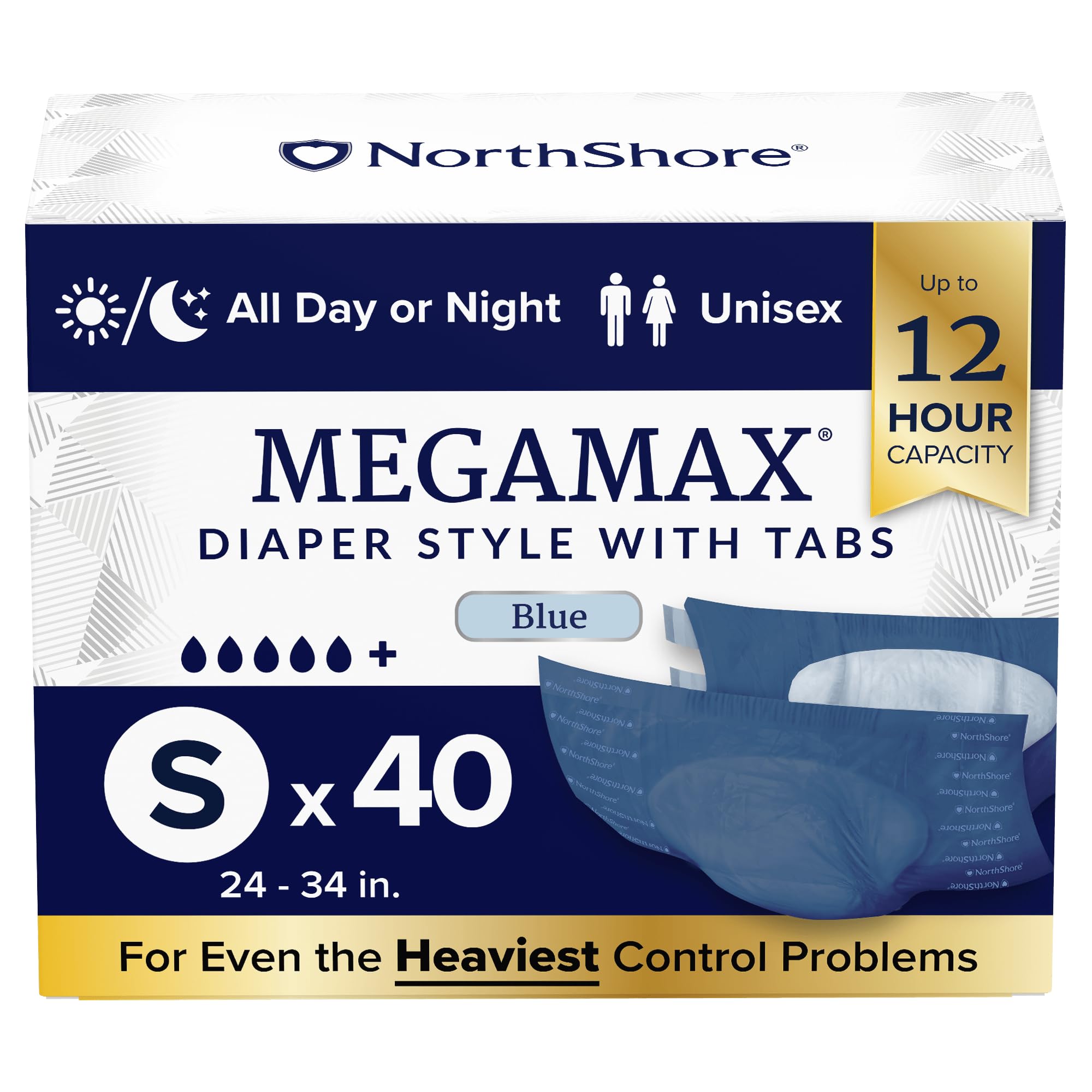 NorthShore MegaMax Adult Overnight Diapers, 12-Hour Tab-Style, Small, 40 Count Case, Blue, 24-34 inches, Unisex Incontinence Underwear