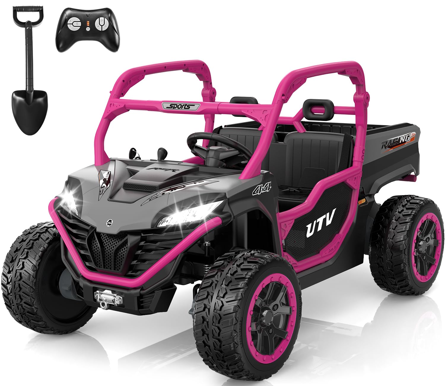 ANPABO 24V 2 Seater Ride On Dump Truck, 4x75W, Max 5 Mph, EVA Tire, Kids Electric Car with Electric Dump Bed, Shovel, Music, 24V Ride On Toy UTV w/Parent Remote Control for Ages 3-8,Rose Red