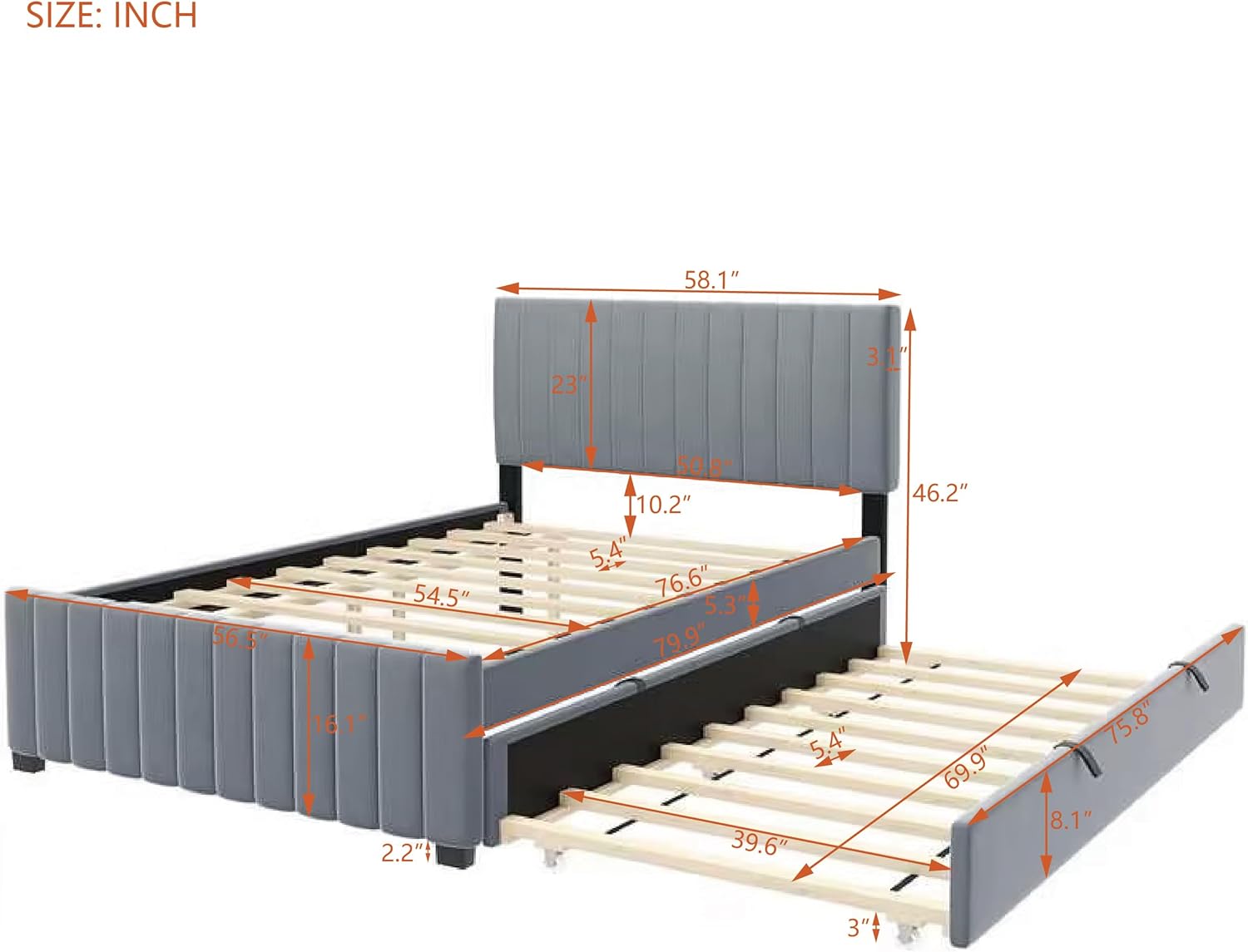 Merax Full Size Bed with Trundle, Velvet Upholstered Platform Bed Frame, No Box Spring Needed, Wood Slat Support, Modern Luxury Bedroom Furniture for Small Space, Grey