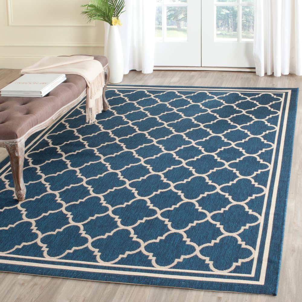 SAFAVIEH Washable Rug Outdoor Courtyard Collection - 4' x 5'7", Navy & Beige, Non-Shedding & Easy Cleaning, Ideal for Patio, Backyard, Mudroom (CY6918
