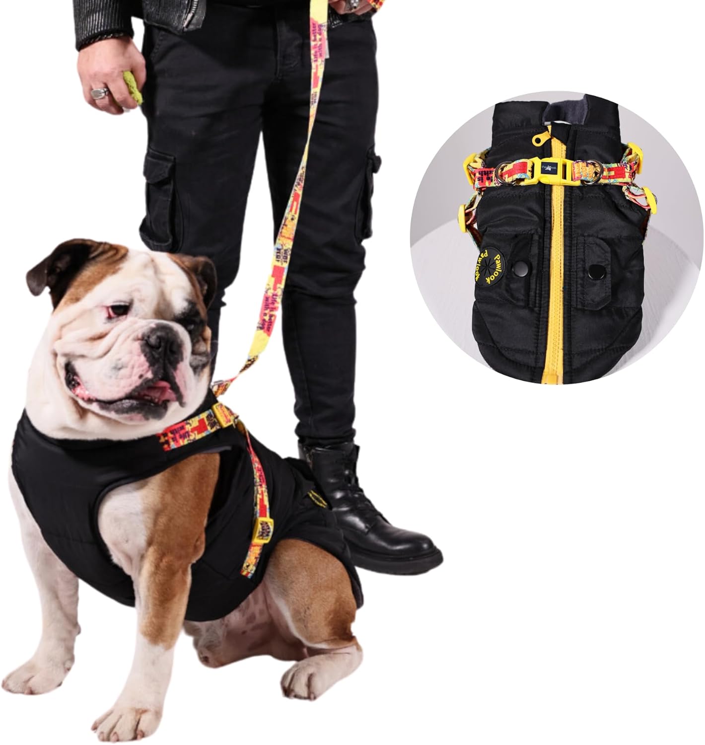 Pawlook Waterproof Dog Raincoat with Built-in Recycled Harness & Fleece Lining – Full Chest Coverage, Back Zipper – Poop Bag Pocket – Eco-Friendly – XS to XXL – Coordinates with Pawlook Gear B*M