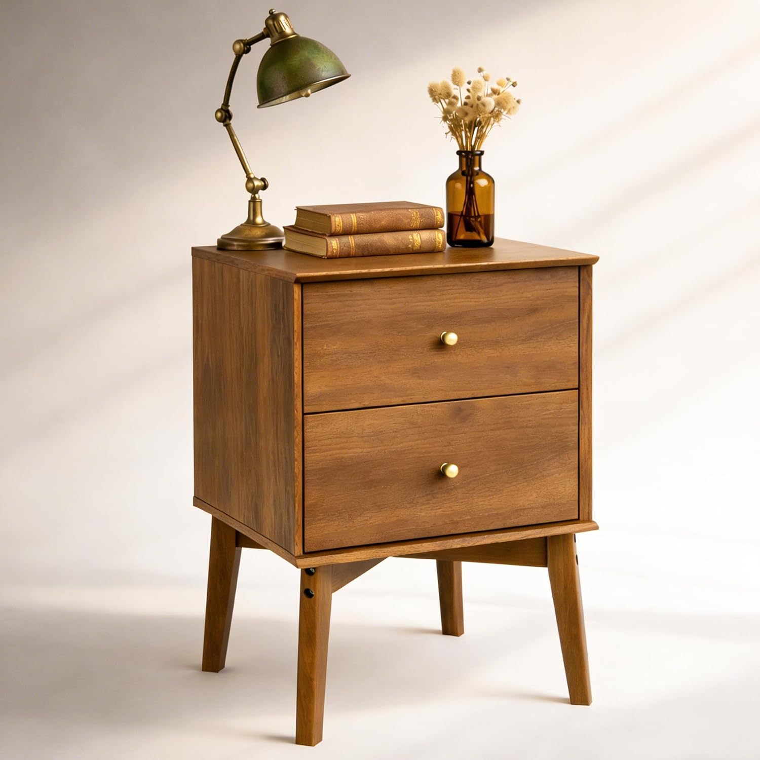 26" Tall Mid Century Modern Nightstand with 2 Drawers, Walnut Wood Bedside Table with Sturdy Solid Wood Legs, Vintage End Table for Small Bedroom, Living Room or Apartment, Easy Assembly