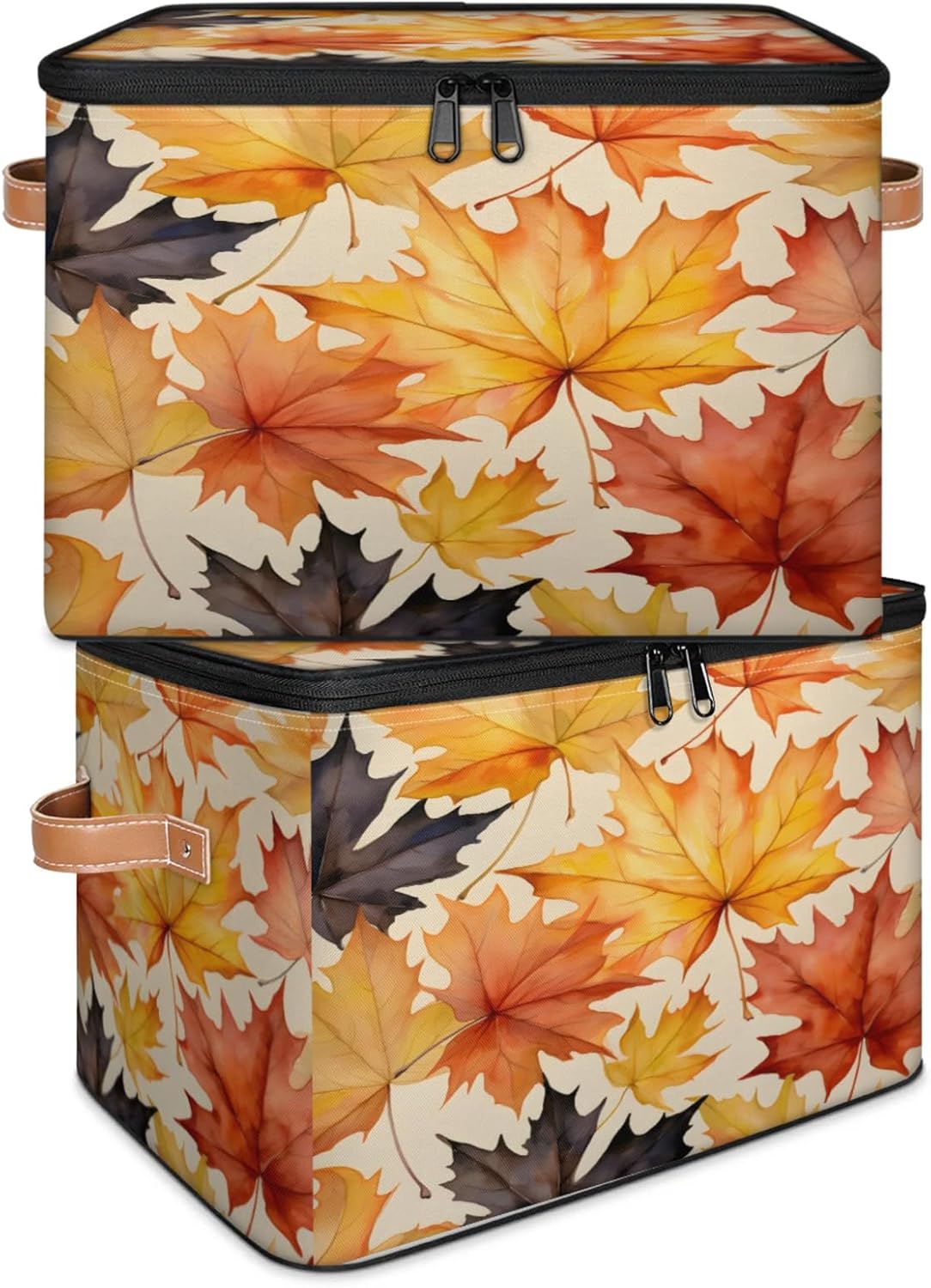 Storage Bin Set of 2 Maple Leaves Storage Basket with Zipper Lid & Handle Foldable Closet Shelf 2 Pack Cloth Organizer Basket Cube Bins Clothes Organizer for Nursery, Bedroom