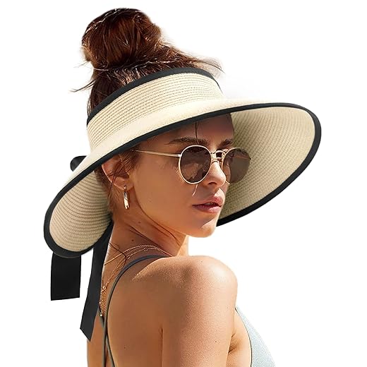 Camptrace UPF 50+ Sun Visors for Women Wide Brim Beach Hat Foldable Straw Visor Hat Ponytail Summer Packable