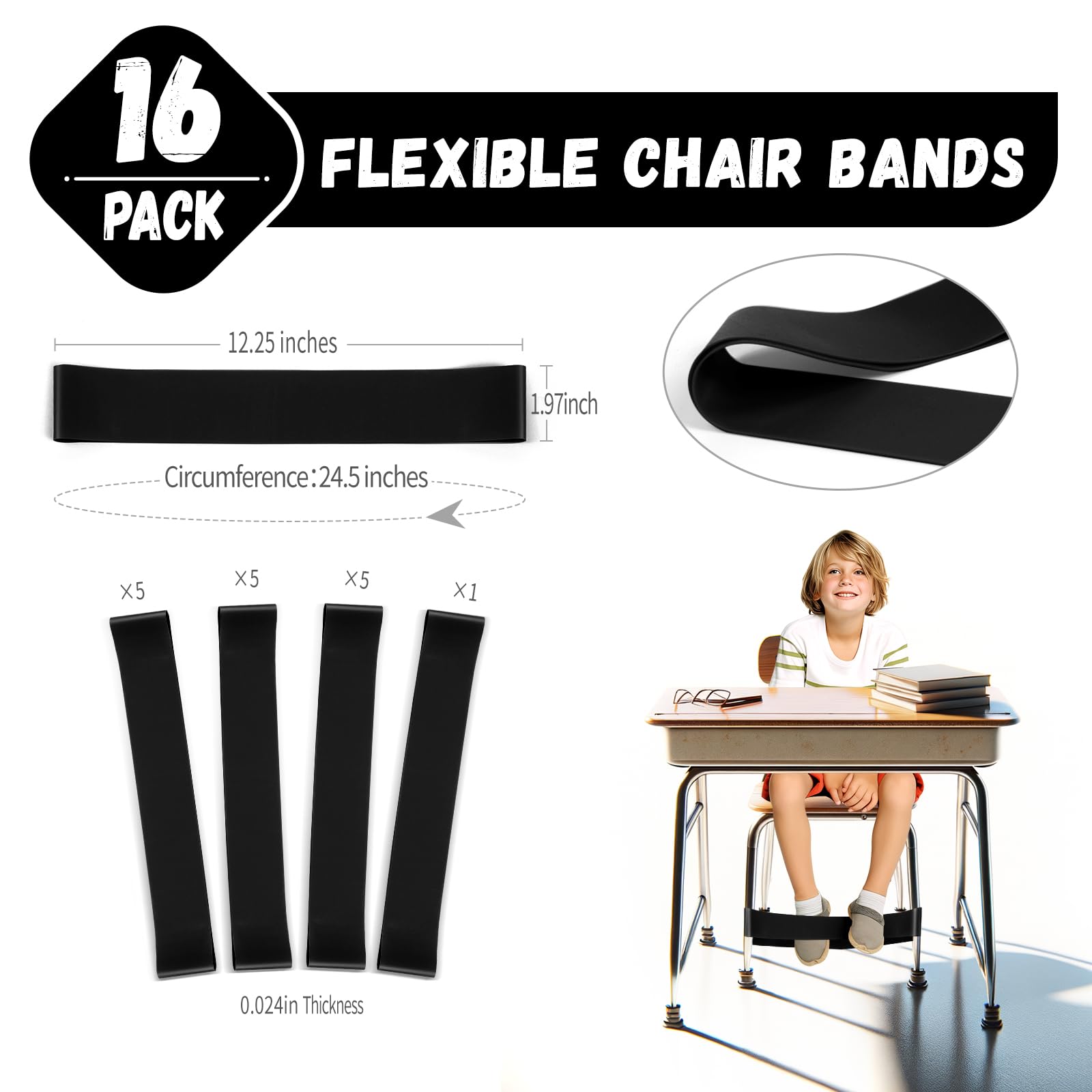 WNSIRVY 16 Pack Chair Bands for Kids with Fidgety Feet, ADHD Tools for Kids, Improve Focus & Reduce Restlessness, Chair Bands for Sensory ADHD ADD Autism - Classroom & Home Must Haves (Black) - Image 2