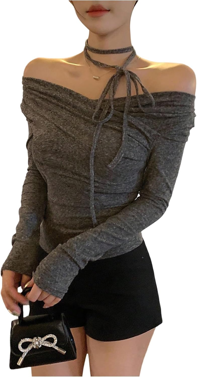 GORGLITTER Women's Wrap Tops Sexy Off The Shoulder Fitted Tie Neck Long Sleeve Trendy Tee Shirt Going Out Outfits