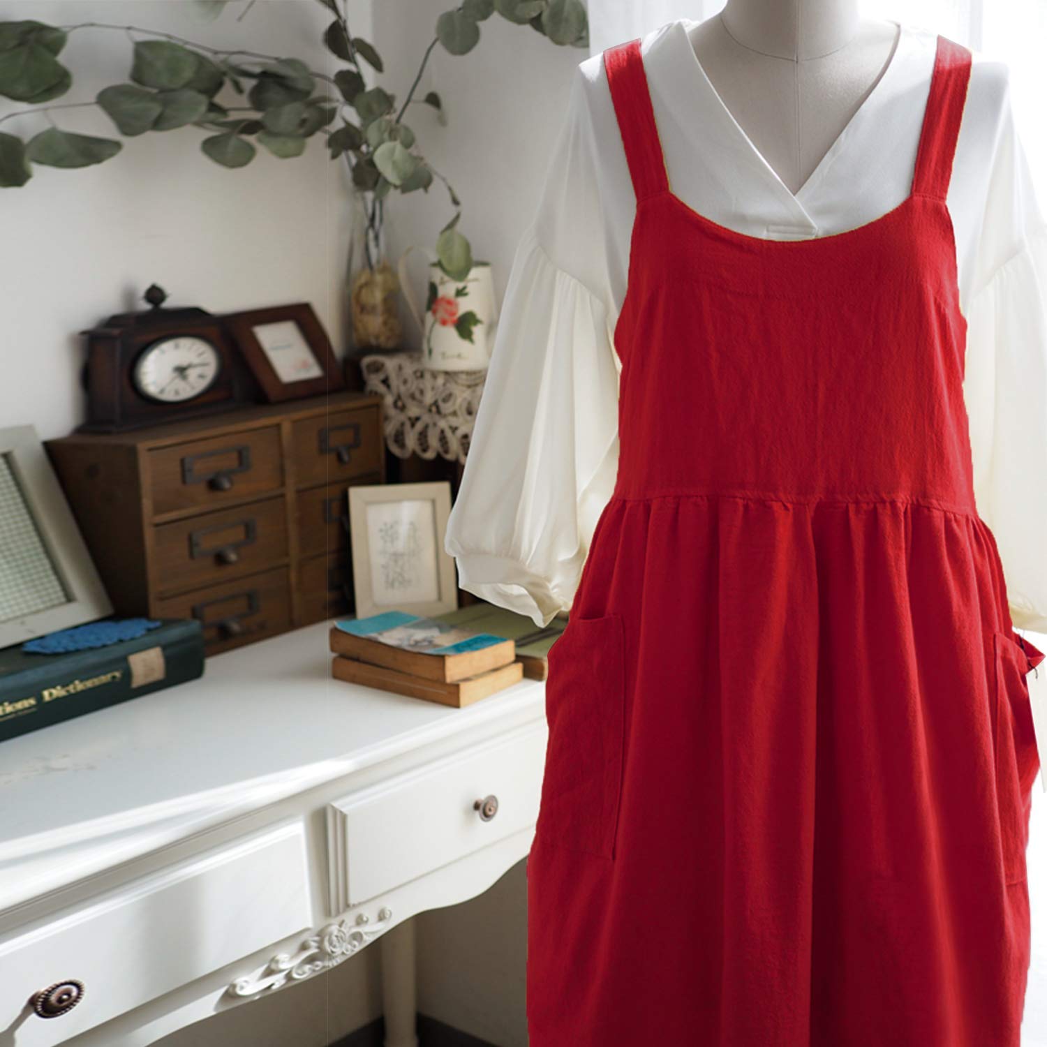 Uaussi Delantal de algodón y lino con espalda cruzada, delantal de trabajo para mujer con bolsillos, vestido de pinafore X Cruz Halter delantal para chef jardinería, Paquete de 2, rojo y blanco, talla