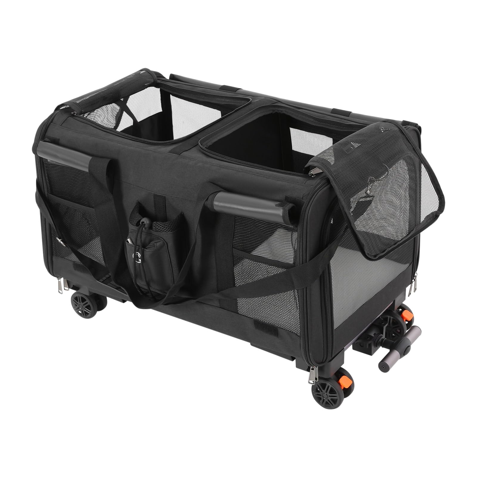 Sac de transport pour chat avec deux compartiments et roulettes, pliable et amovible, pour 2 chats, idéal pour les voyages (noir)