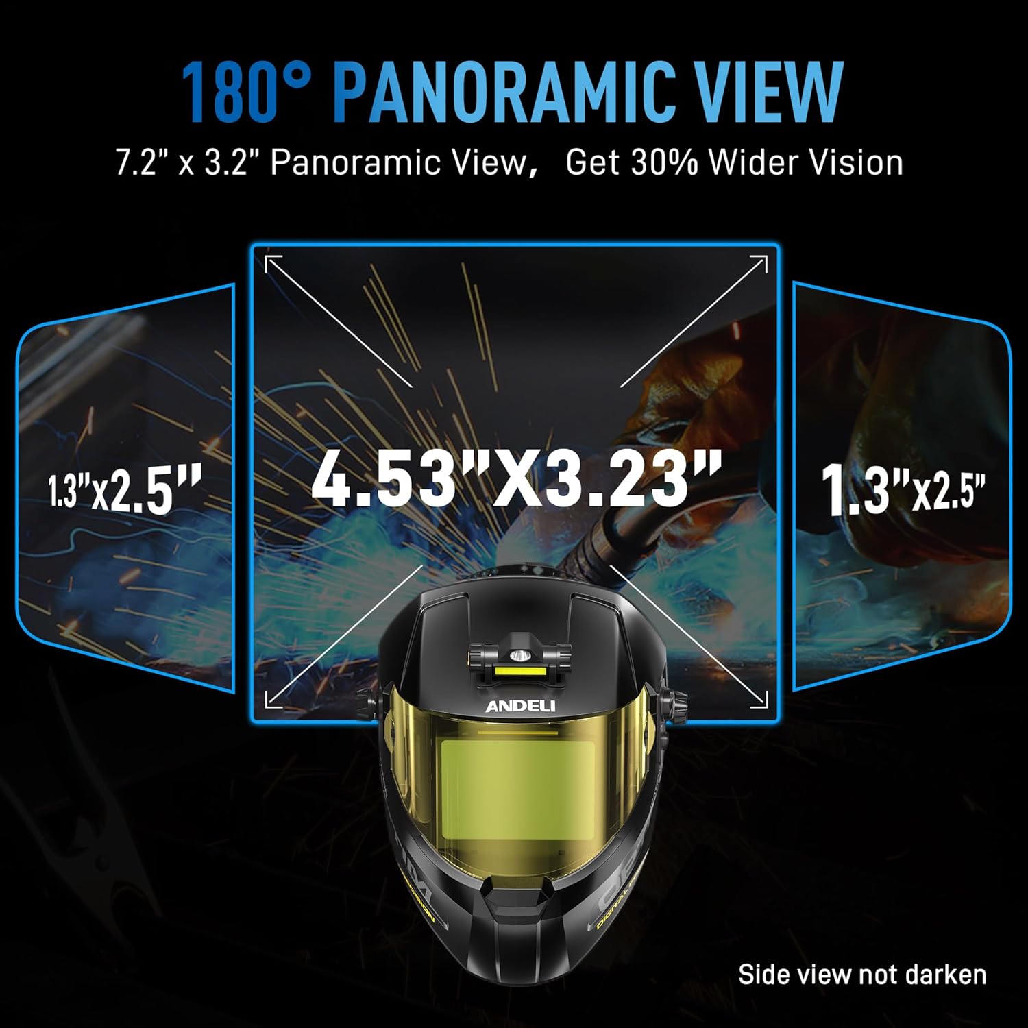ANDELI Welding Helmet with Light-Full Digital Filter, 7.2"x3.2" Extra Wide Panoramic View Auto Darkening, Type-C Fast Charging True Color Wide Shade 4/5-9/9-13 for Weld Cut Grind