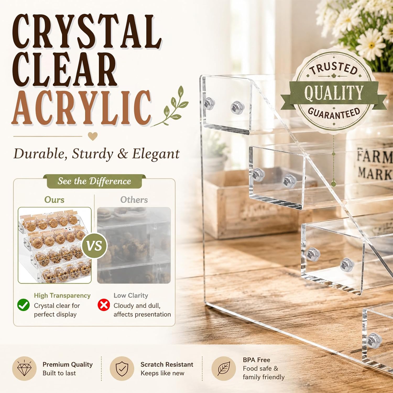 Cookie Display Stand, 4-Tier Acrylic Cookie Display for Vendors & Bakery, Clear Cookie Stand for Party, Cupcakes, Dessert and Treat Display Holder