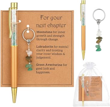 New Job Gifts for Women, 4-Piece Pen Sets for Ladies with Crystal Pen, Natural Stone Keychain and Motivational Card, Leaving Gifts for Colleagues