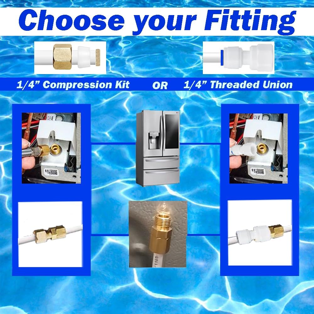 Ice Maker Water Line Kit - 5Pcs, 25FT 1/4" OD Water Line, Quick Fittings, Ball Valve and Compression Union Kit