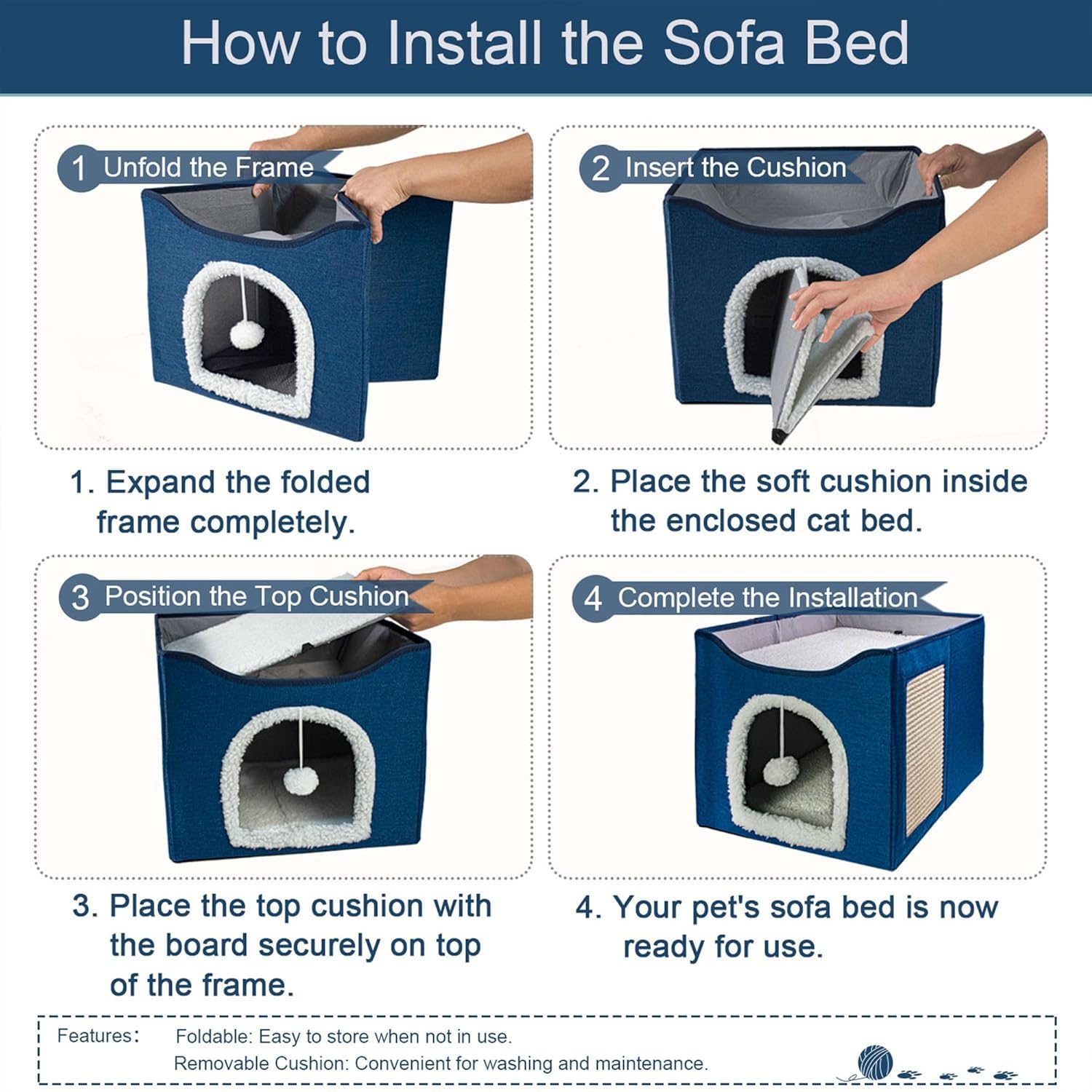 سكاي-تاتش سرير كهف للقطط قابل للطي مع لوح خدش وكرة منفوشة، سرير داخلي للقطط والحيوانات الاليفة الصغيرة، رمادي - امن على الحيوانات الاليفة، متين، 41 × 41 × 35 سم