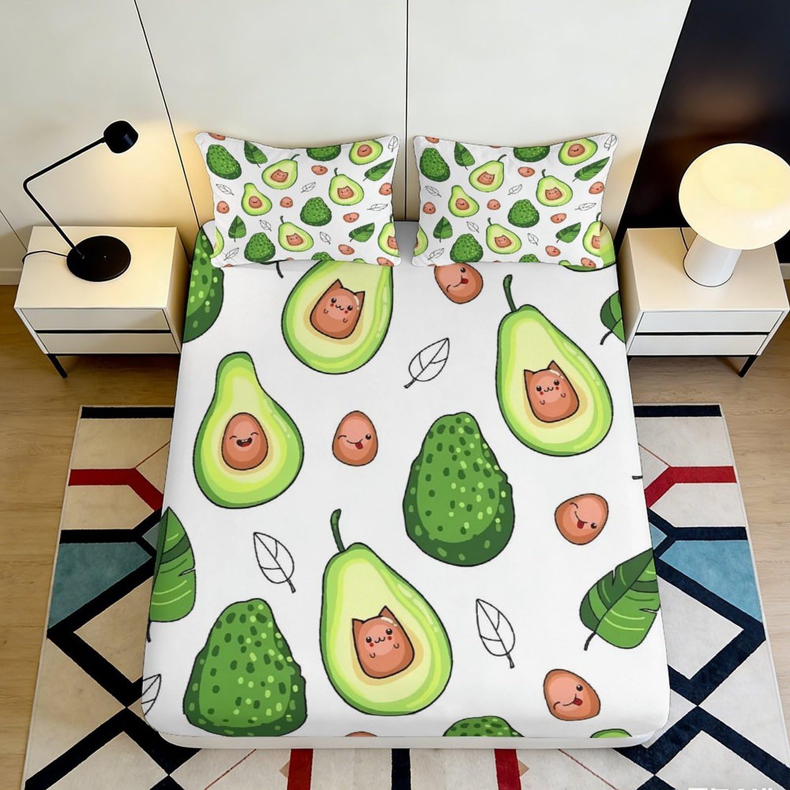 3D Printed Avocado Cat Fitted Sheet Microfiber Soft Green Cartoon Mattress Cover for Bedroom Guest Room Dorm Decor 90x200x25cm
