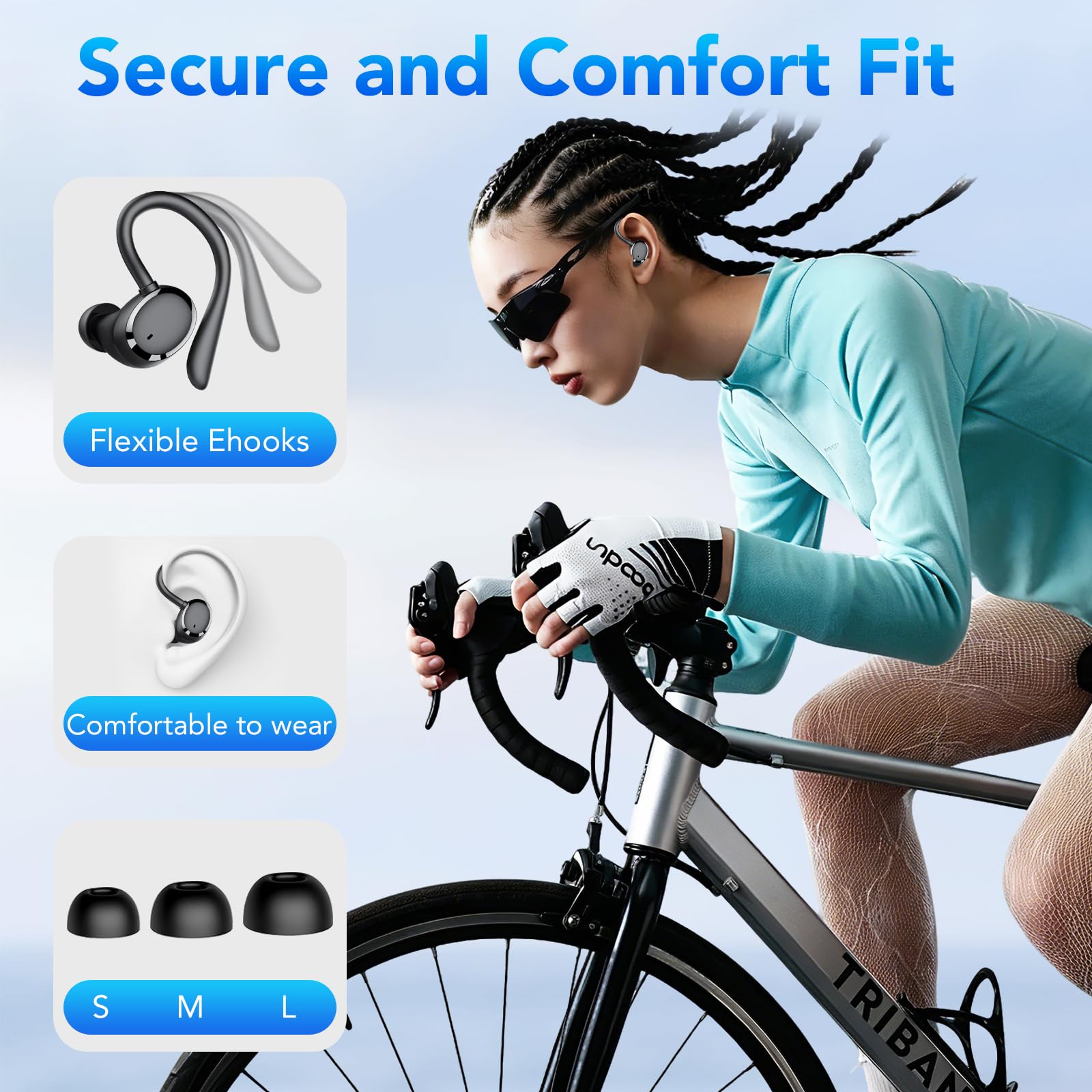 Bluetooth Kopfhörer Sport, Kopfhörer Kabellos Bluetooth 5.3 mit HD Mic, In Ear Kopfhörer mit 4 ENC Klarer Mic, 72 Std Kabellose Kopfhörer mit Tiefer Bass,IPX7 Wasserdicht Ohrhörer mit Ohrhaken,Schwarz
