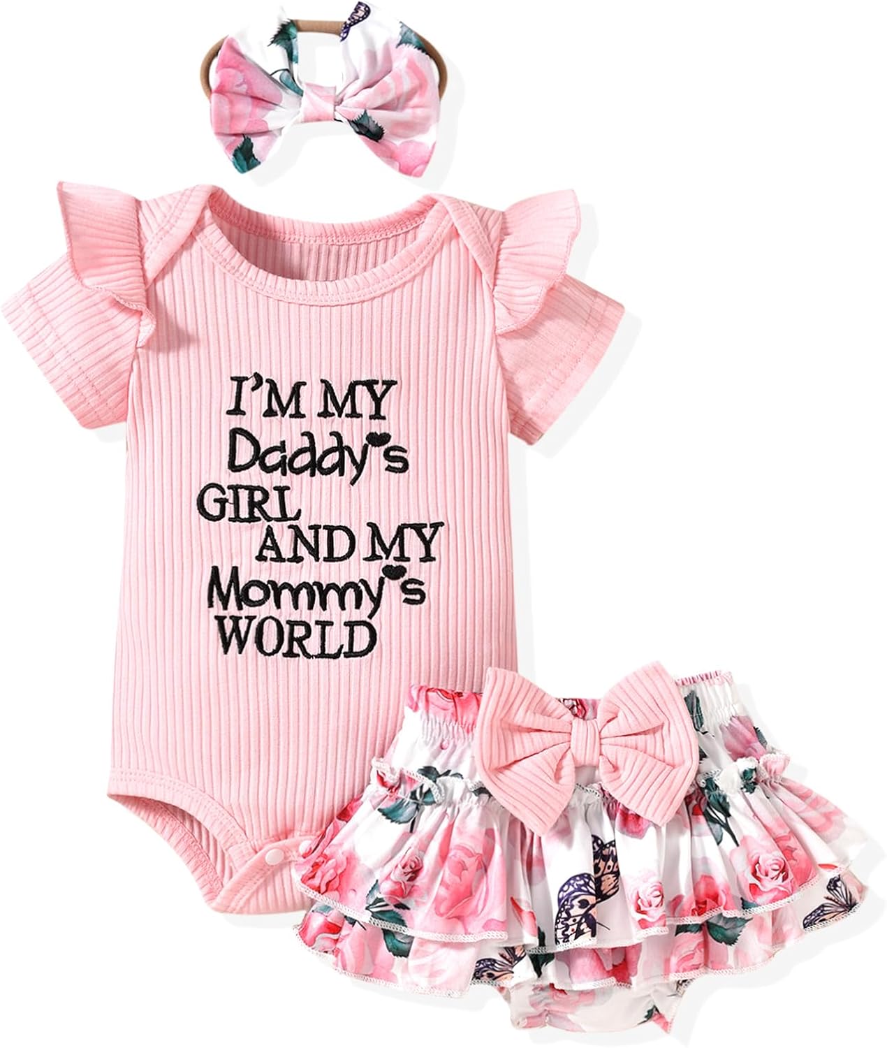 HIHA Infant Baby Girl Summer Clothes Letter Print Bodysuit Floral Shorts Outfit with Headband
