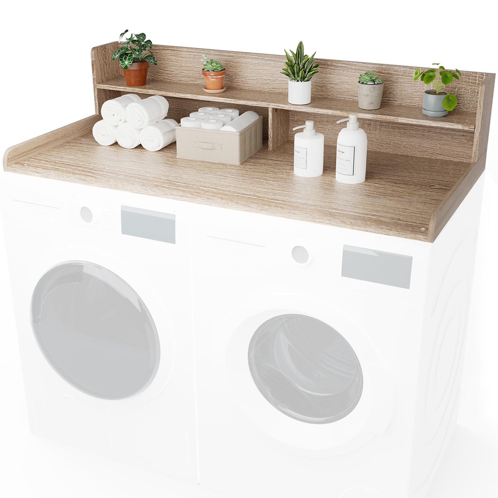 Photo 1 of ***FOR PARTS ONLY/ HAS STUCK SCREWS*** Sareda Washer Dryer Countertop with Shelf 27.5" W x 54" L x 12" H Laundry Room Countertop for Washer and Dryer with Edge Rails, Oak