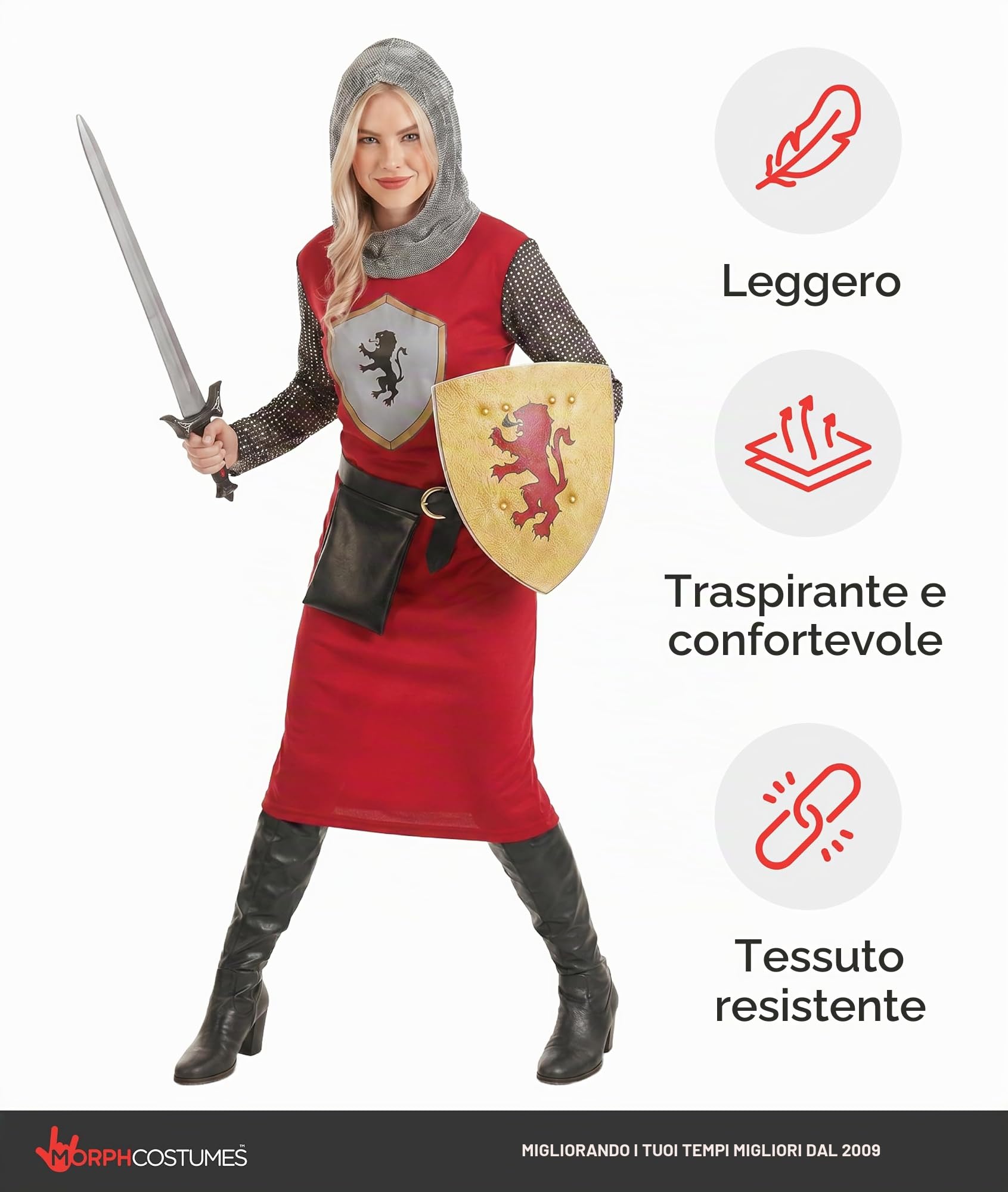 Fun Shack Costume Cavaliere Donna, Costume Medievale Halloween Donna | Abito con Effetto Cotta di Maglia, Cintura & Scudo, Stile Medievale, Perfetto per Halloween, Ideale per Travestirsi