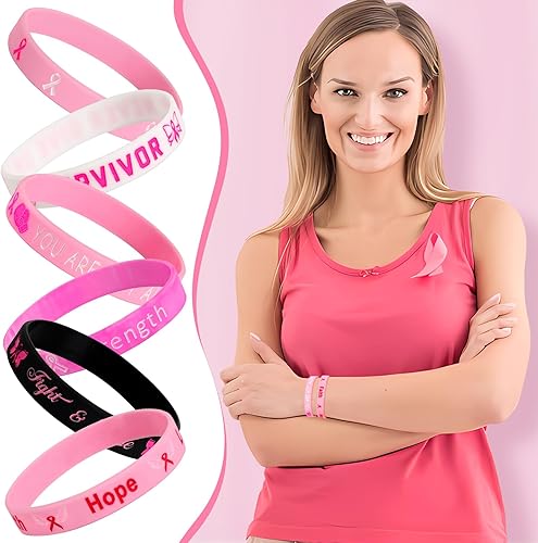 Miniatura 6 de JUNEBRUSHS 42 piezas de accesorios de concientización sobre el cáncer de mama, pulseras de silicona, accesorios de coraje y esperanza para mujeres,