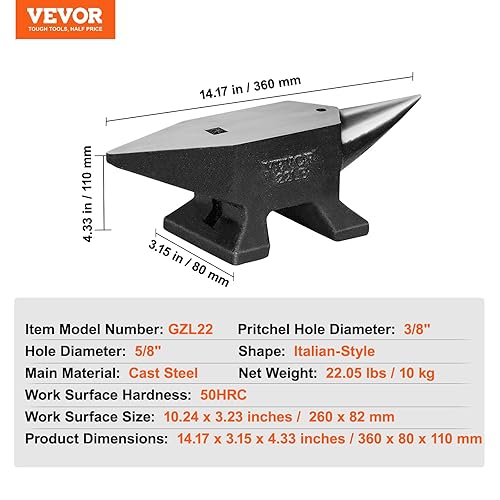 Miniatura 7 de VEVOR Yunque de un solo cuerno, yunque de acero fundido de 22 libras, yunque de cuerno redondo resistente de alta dureza, herrero, encimera grande y