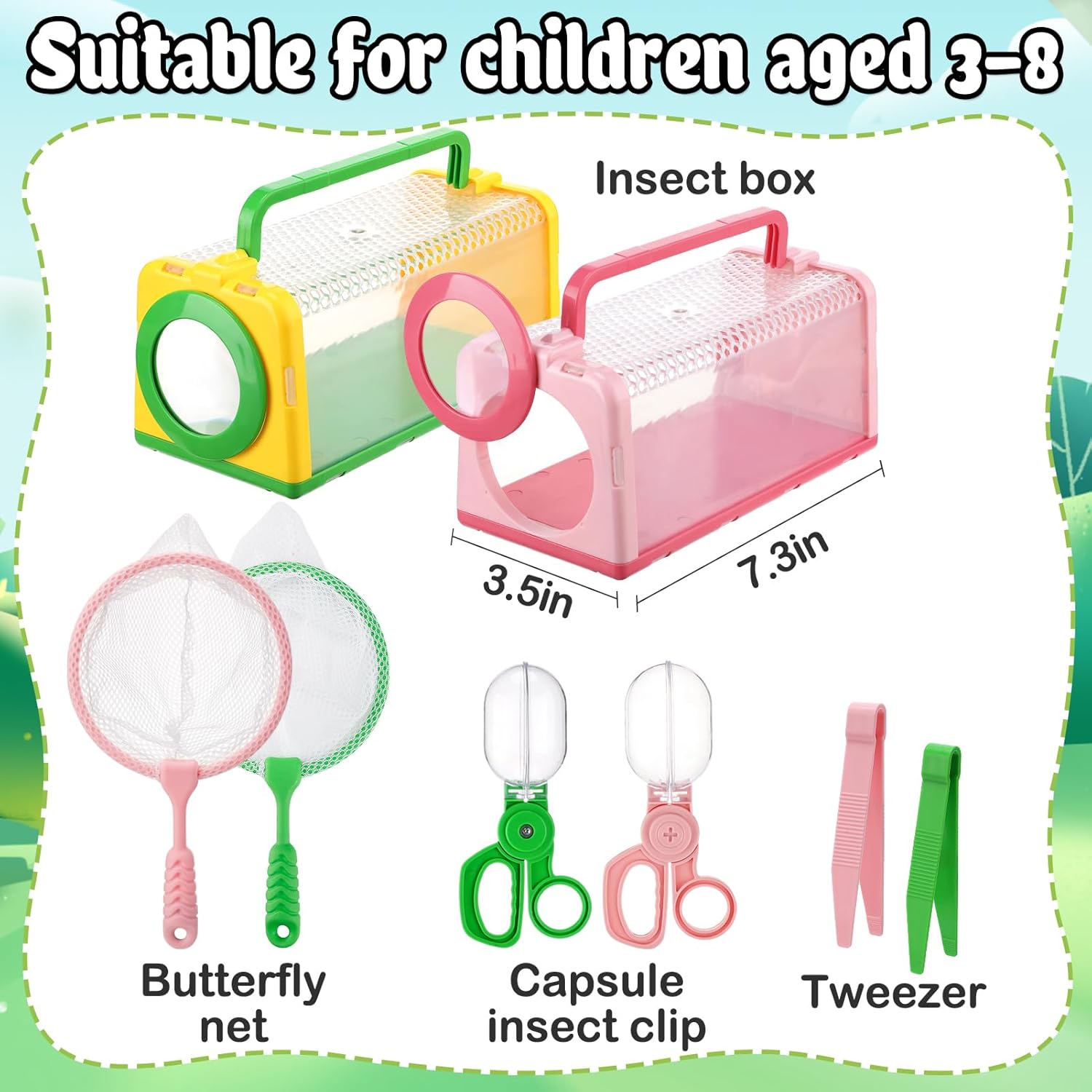 Bug Catcher for Kids - Sturdy Toddler Bug Catching Kit Gifts with Bug Cage Box Insect Catcher Butterfly Net Tweezer, Bug Habitat Explorer Kit Outdoor Toys for Kids Age 3 4 5 6 7 8, 2Sets