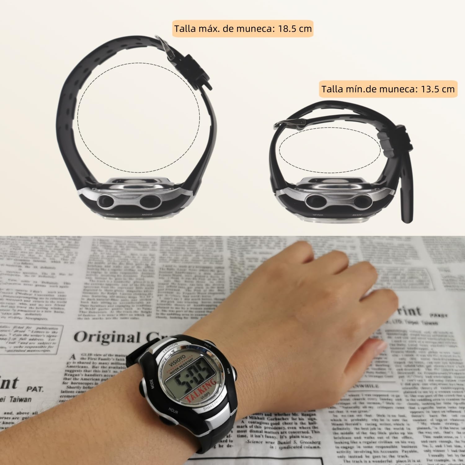 Montre parlante en espagnol pour aveugles | Voix claire en espagnol, annonce de l'heure, alarme, pour les aveugles, la basse vision et les personnes âgées