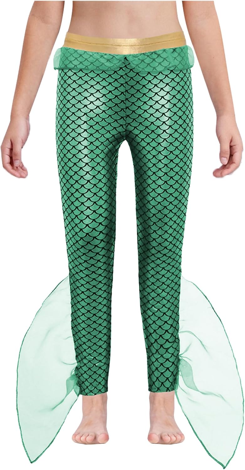 Sparkly Mermaid Tail Long Pants with Scales Print for Girls Swimming and Dance Activities