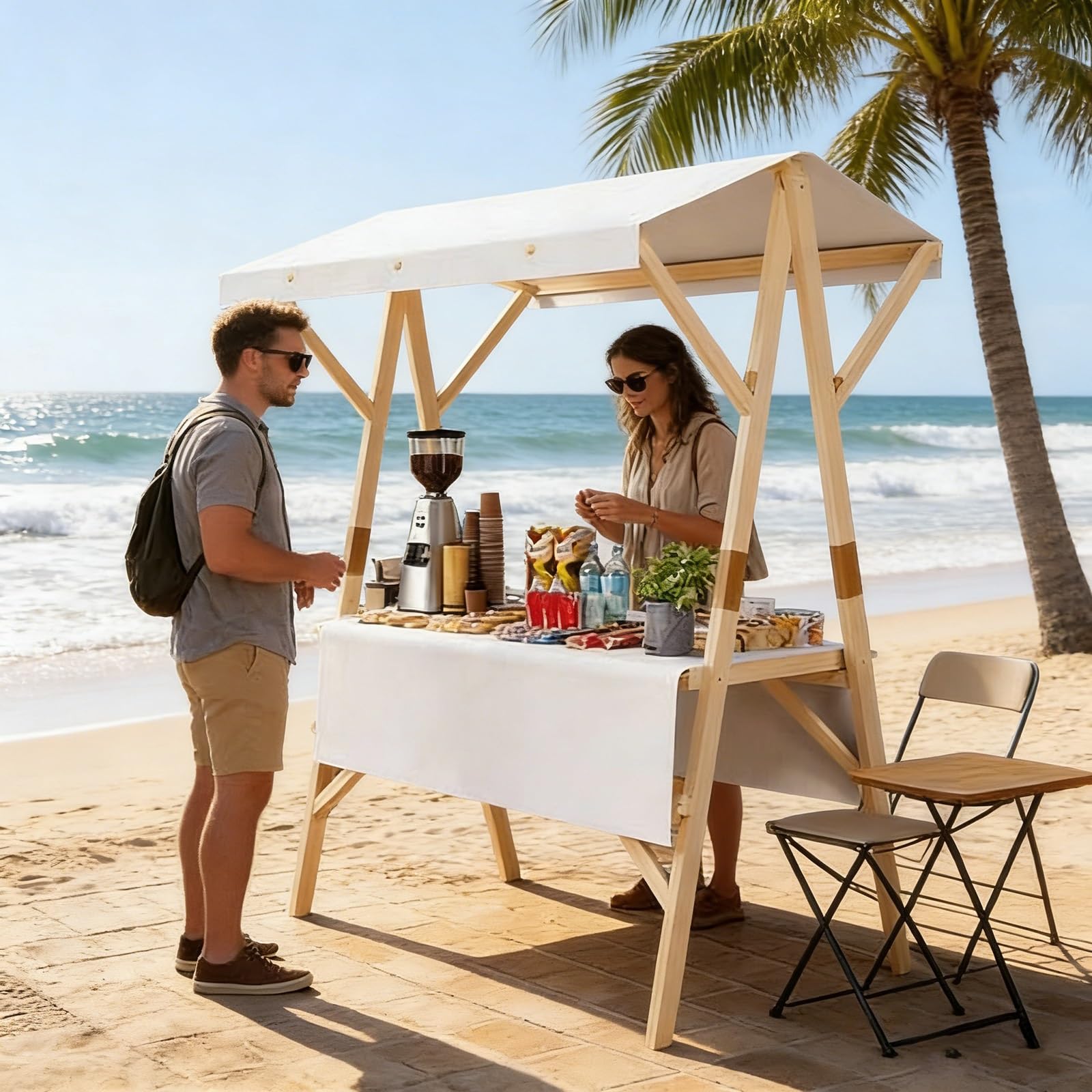Carrello portatile pieghevole da esterno per il mercato degli agricoltori, ideale per la vendita di dessert e accessori, bianco 150 cm / 59in