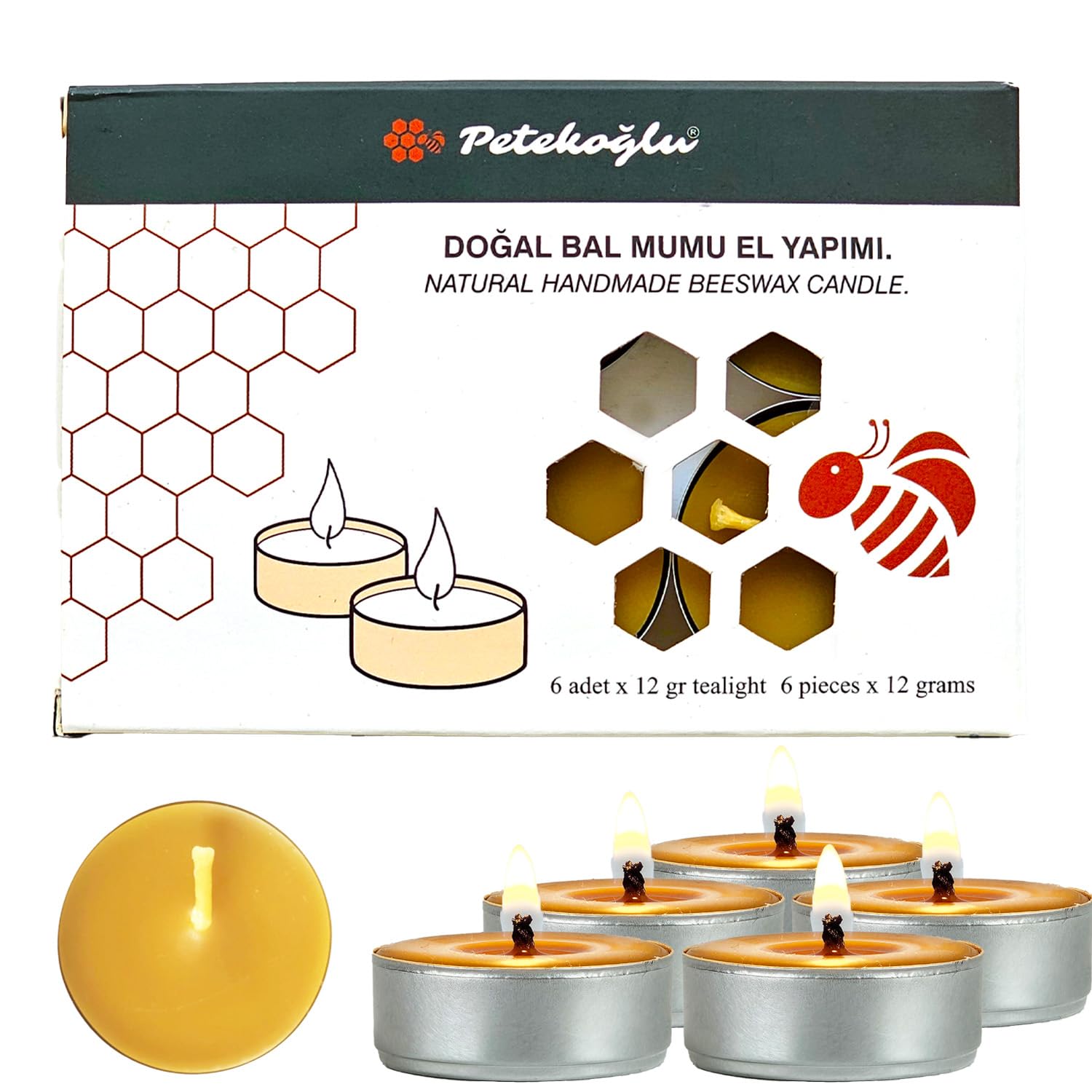 Petekoğlu (6 Adet) Tealight Mum Doğal Petek Balmumu mum Standart Boy