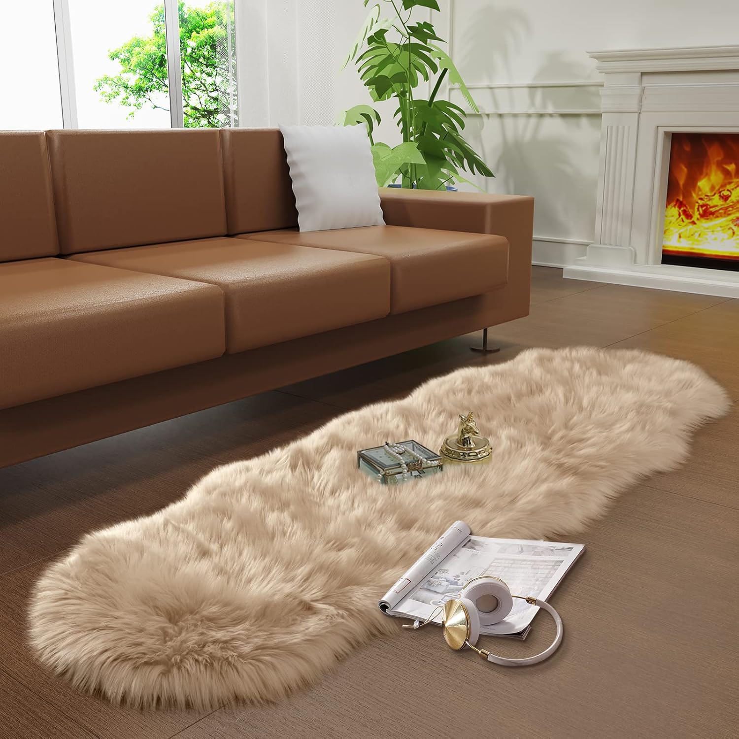 Faux Fur Rug for Bedroom, Fluffy Runner Rugs Soft Sheepskin Rug Sofa Couch Seat Cushion, 2x6ft Beige Plush Area Rug Shag Rugs Floor Carpets for Nursery Bedside, Cute Shaggy Fuzzy Home Decor - Image 2