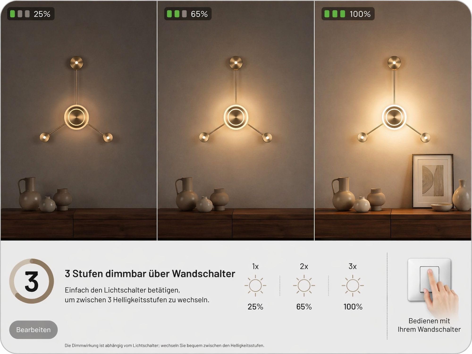 LED Wandleuchte warmweiß Schlafzimmer Gold Aluminium indirektes Licht 3 Stufen dimmbar Lichtschalter 3000 K H:53 cm blendarm Wandlampe Wohnzimmer