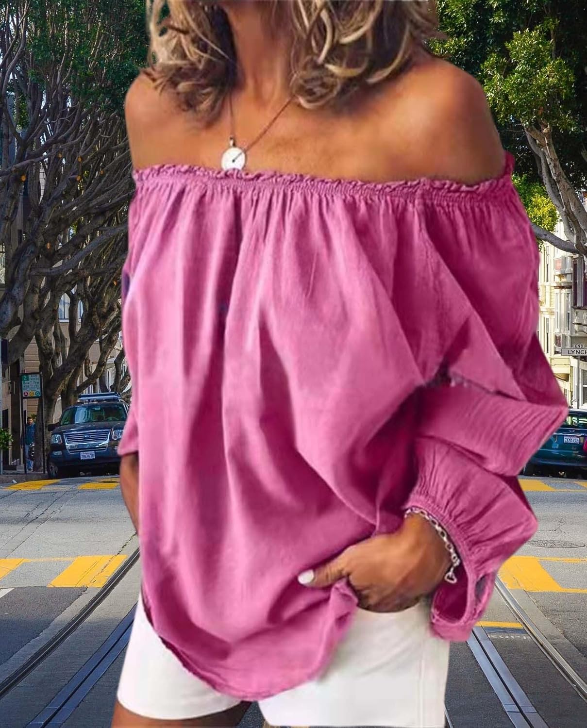 Womens Linen One Shoulder Top Stylish Cotton Long Sleeve Ruffle Balloon Sleeve Shirt for Casual Elegance - Image 6