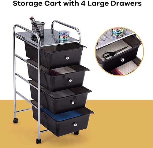 Miniatura 6 de RELAX4LIFE Carritos de almacenamiento para organizar el aula con ruedas, 4 cajones, cajones organizadores de manualidades con cajones de plástico,