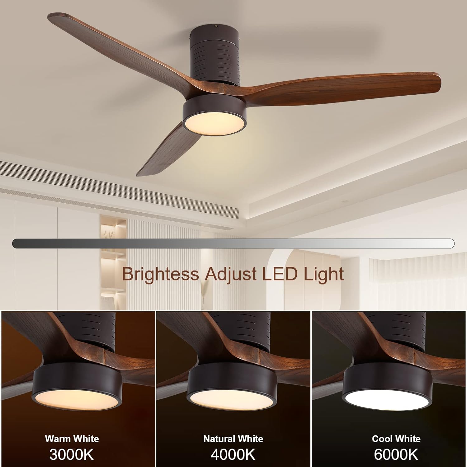Sofucor 52 Inch Low Profile Ceiling Fan with Lights and Remote, Dimmable 6-Speed Wood Outdoor Ceiling Fan Walnut 3 Blades, Reversible DC Motor with Timer for Patios, Bedroom, Office