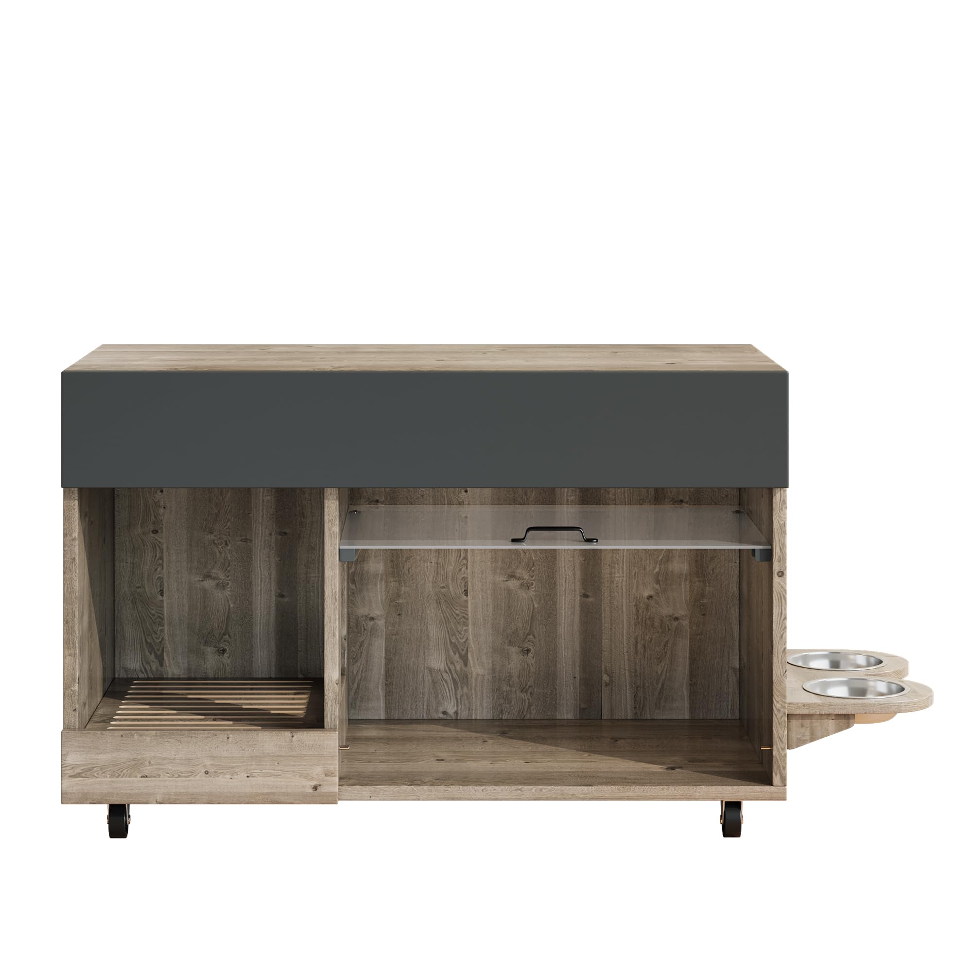 REXO Lettiera mobile per gatti con piatto per cibo per gatti, vassoio di raccolta della sabbia, piastra forata con gancio, senza lettiera per gatti, 100 × 45,5 × 67 cm, grigio antico e marrone, colore