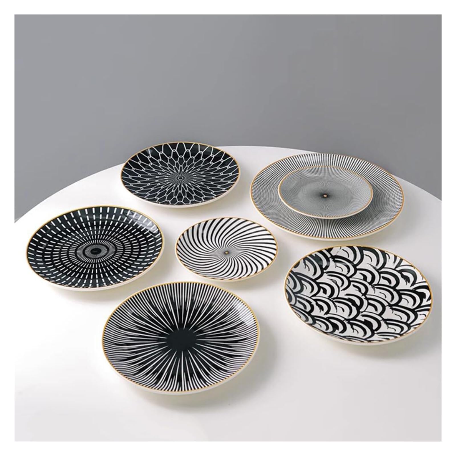 Ceramiczny zestaw 4 talerzy obiadowych w stylu europejskim – czarno-białe porcelanowe okrągłe talerze na sałatkę, deser, lunch i przystawki, elegancka zastawa stołowa do jadalni