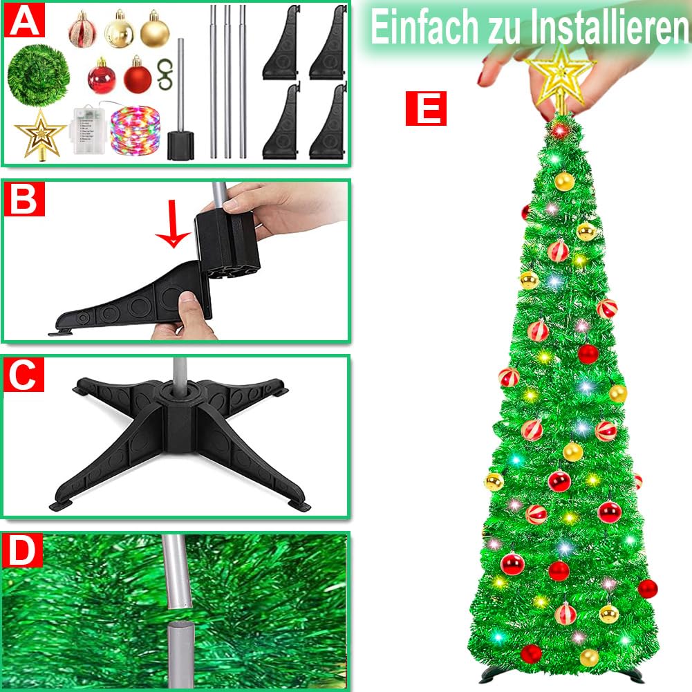 künstlicher Weihnachtsbaum mit Beleuchtung, 150 cm Zusammenlegbarer Aufzieh-Weihnachtsschleierbaum mit 100 farbigen Lichtern, Baumstern und Kugeln für Weihnachtsdeko und Partybedarf – Grün