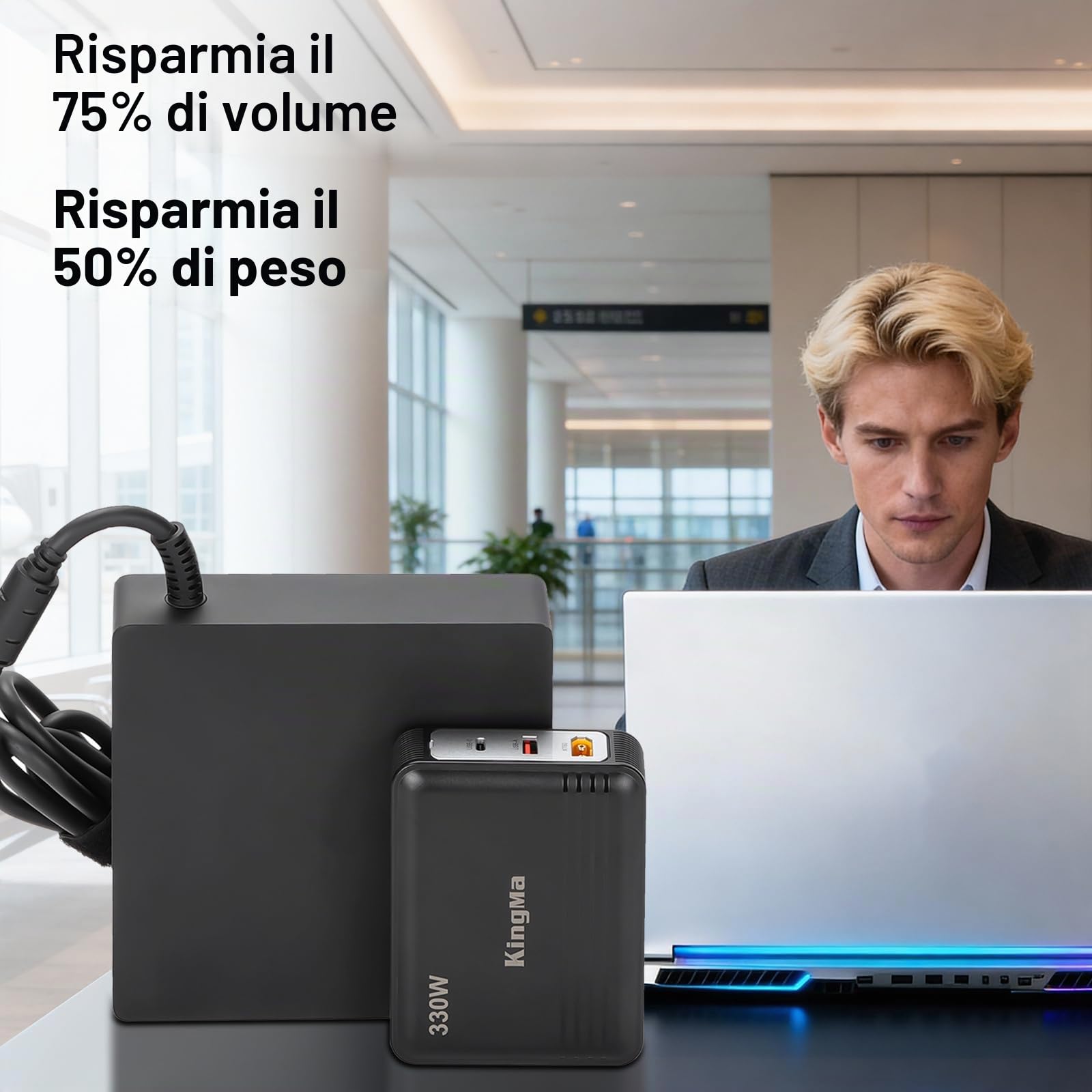 Caricabatterie GaN 330W (20V/16,5A) per HP Omen 15/16/17 e Pavilion Gaming， Alimentatore compatibile con connettore 4,5×3,0 mm, USB-C PD 3.0 ricarica rapida, compatto da viaggio
