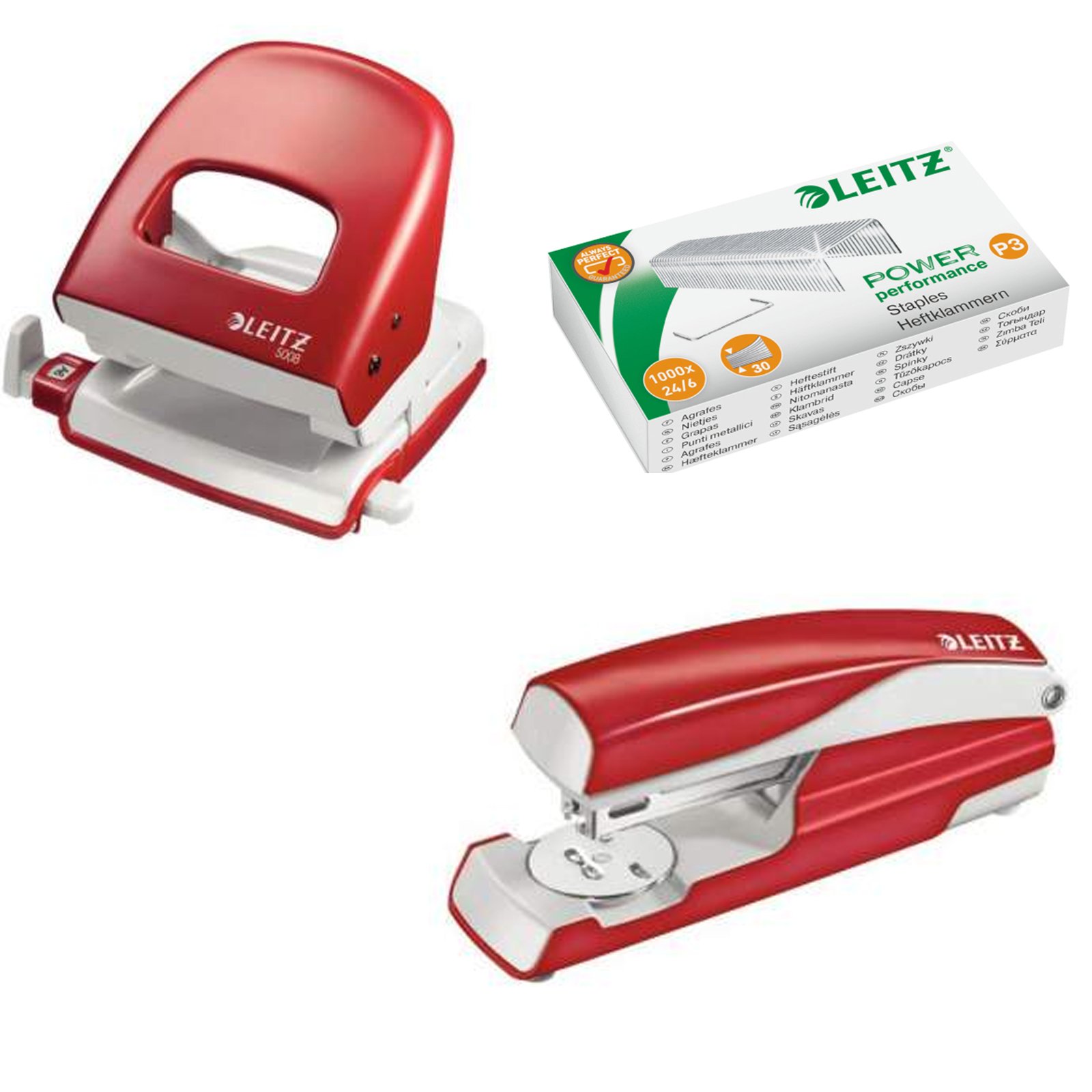 Leitz 5008 NeXXt Series Bürolocher, Metall, bis zu 30 Blatt/Kombi-Set mit Heftgerät + 1000 Klammern extra (rot)
