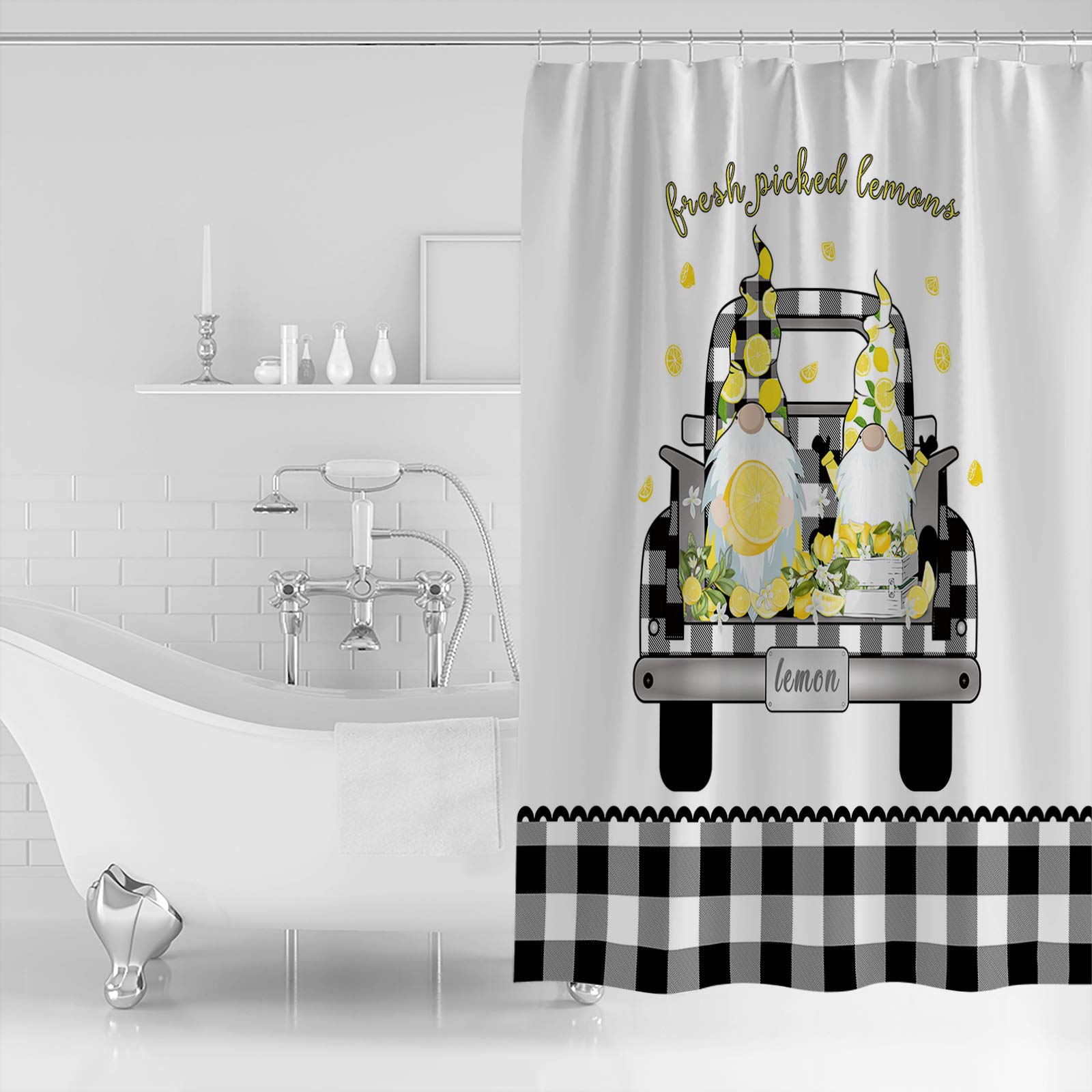 TocaHome Shower Curtain for Bathroom,Lack and White Check Truck with Cartoon Dwarfs and Lemon 72x84inch Waterproof Polyester Fabric Shower Rings Included