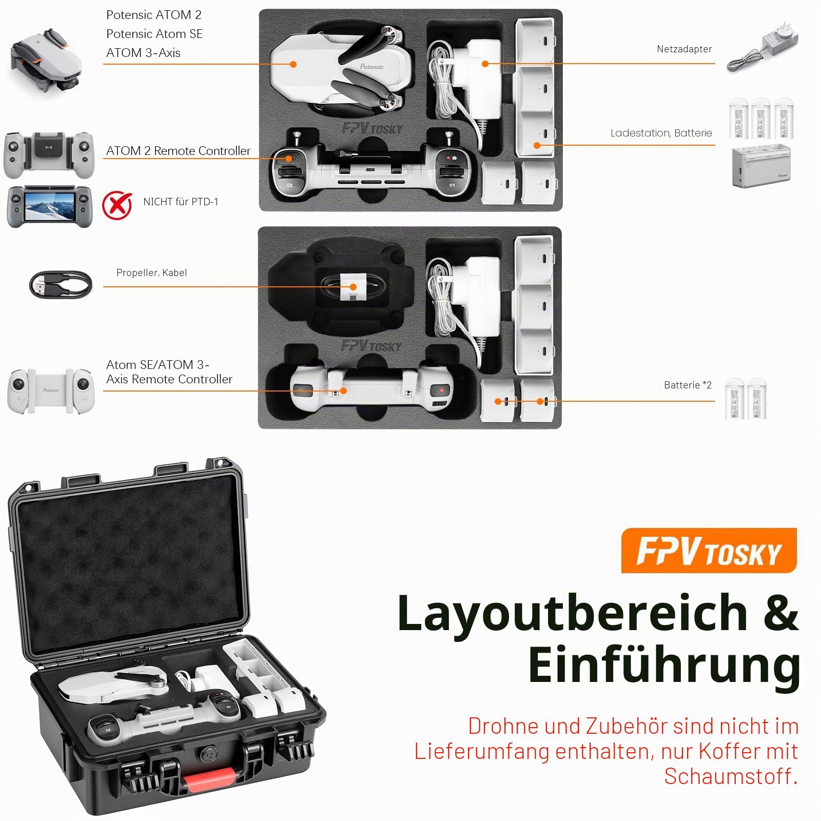 FPVtosky Hartschalenkoffer für Potensic Atom 2 / Atom Drohne, Aufbewahrungstasche für Atom/Atom 2/SE/3-Axis Fernbedienung, Batterien, Ladegerät und Zubehör (nur Koffer)