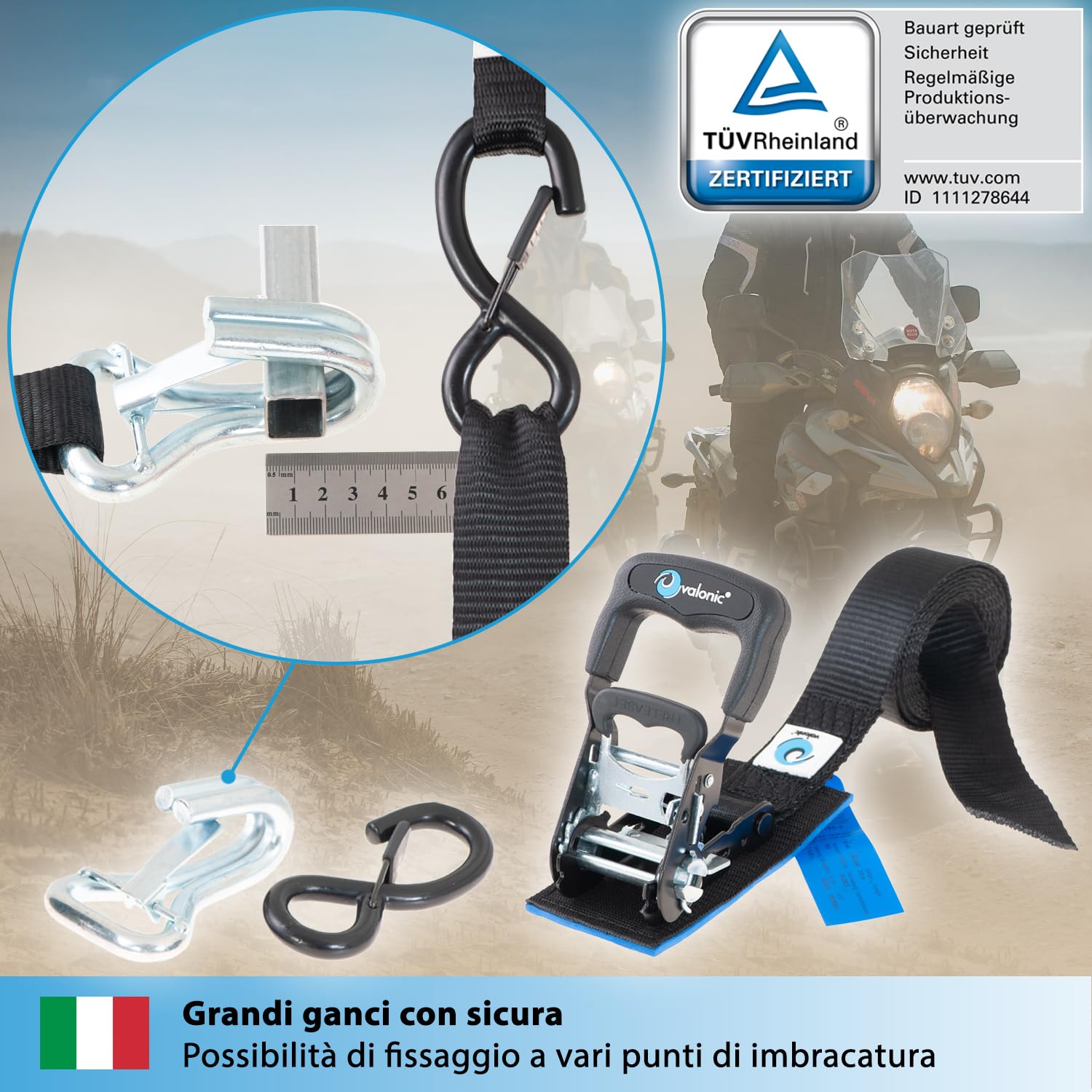 valonic PANTHER - 2x 2,25m cinghie di fissaggio con ganci per moto, 38mm, 650/1300 Kg, imbottitura, Certificato TÜV Rheinl. / GS, EN 12195-2 - distanza di fissaggio molto breve