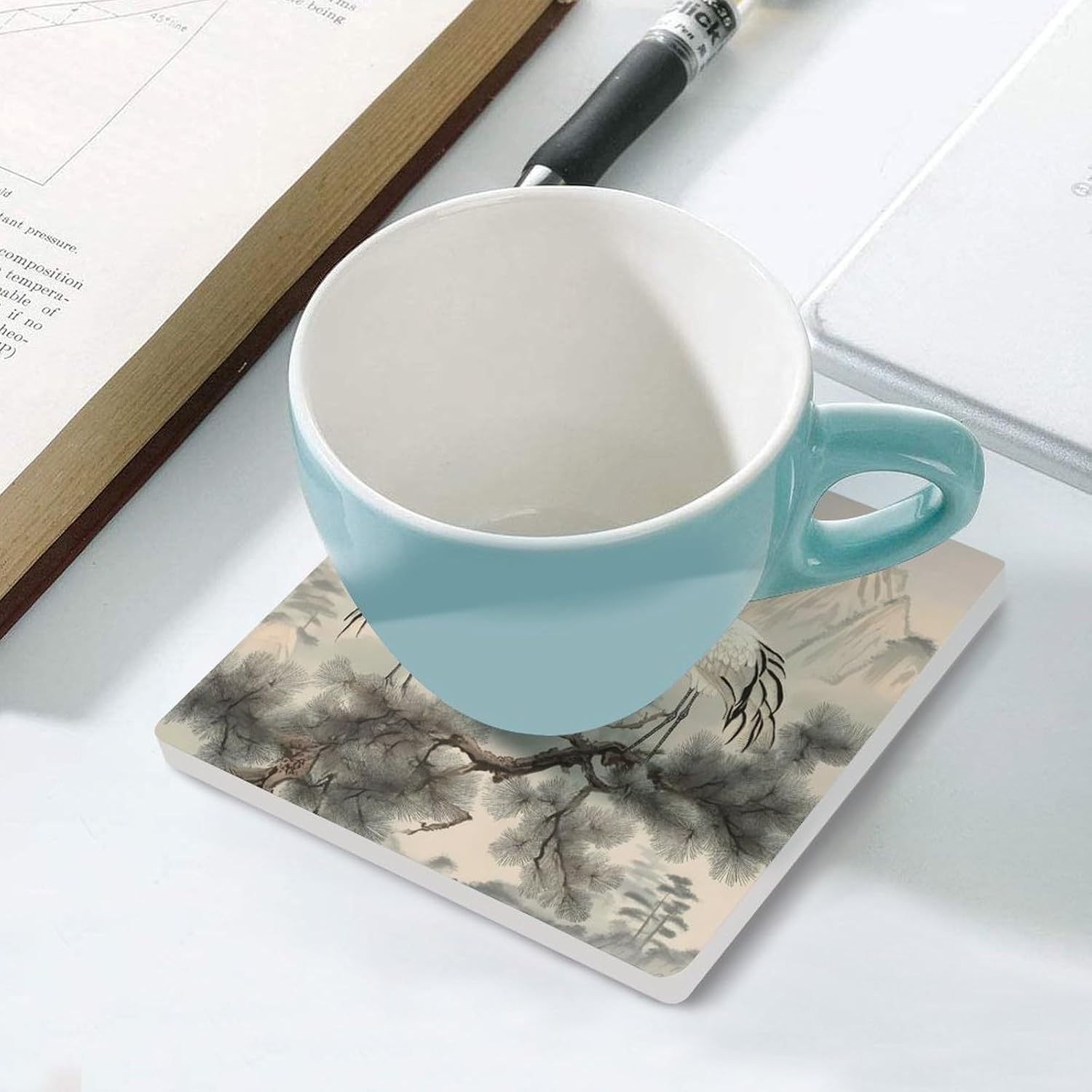 Red Crowned Crane Ceramic Coasters Square Drinks Coaster Coffee Table Decor Table Coaster for Home Bar