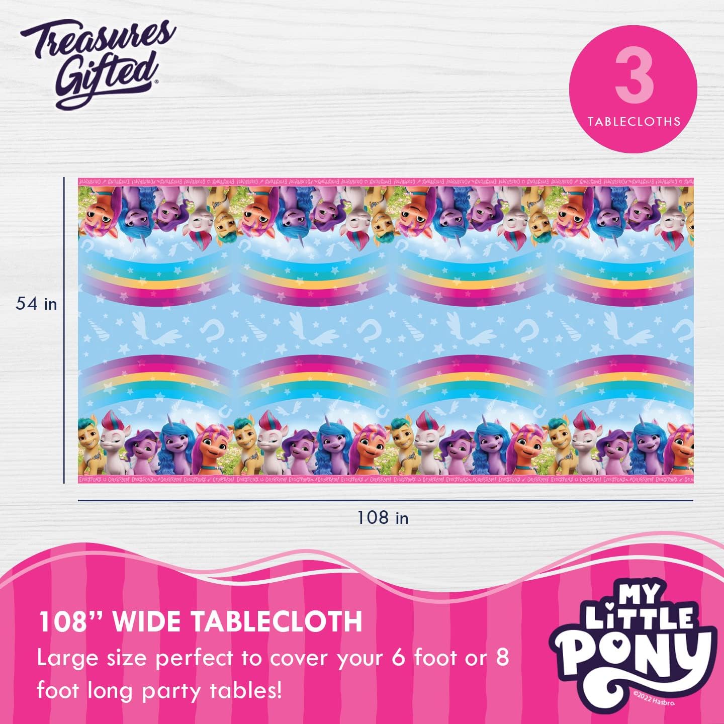 Treasures Gifted Officially Licensed My Little Pony Birthday Party Supplies - Pack of 3 Tablecloth 54in x 108in - My Little Pony Party Decorations - Disposable Plastic Table Cloth Cover