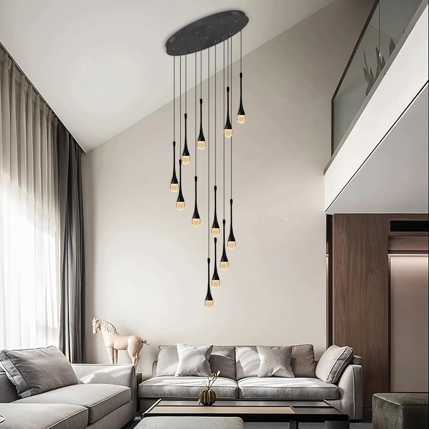 PCXEHUYP 12-Light Black Crystal Chandelier 120'' High Ceiling foyers Entrance Chandeliers Staircase Long Pendant Light Dimmbale LED 2700-6000K