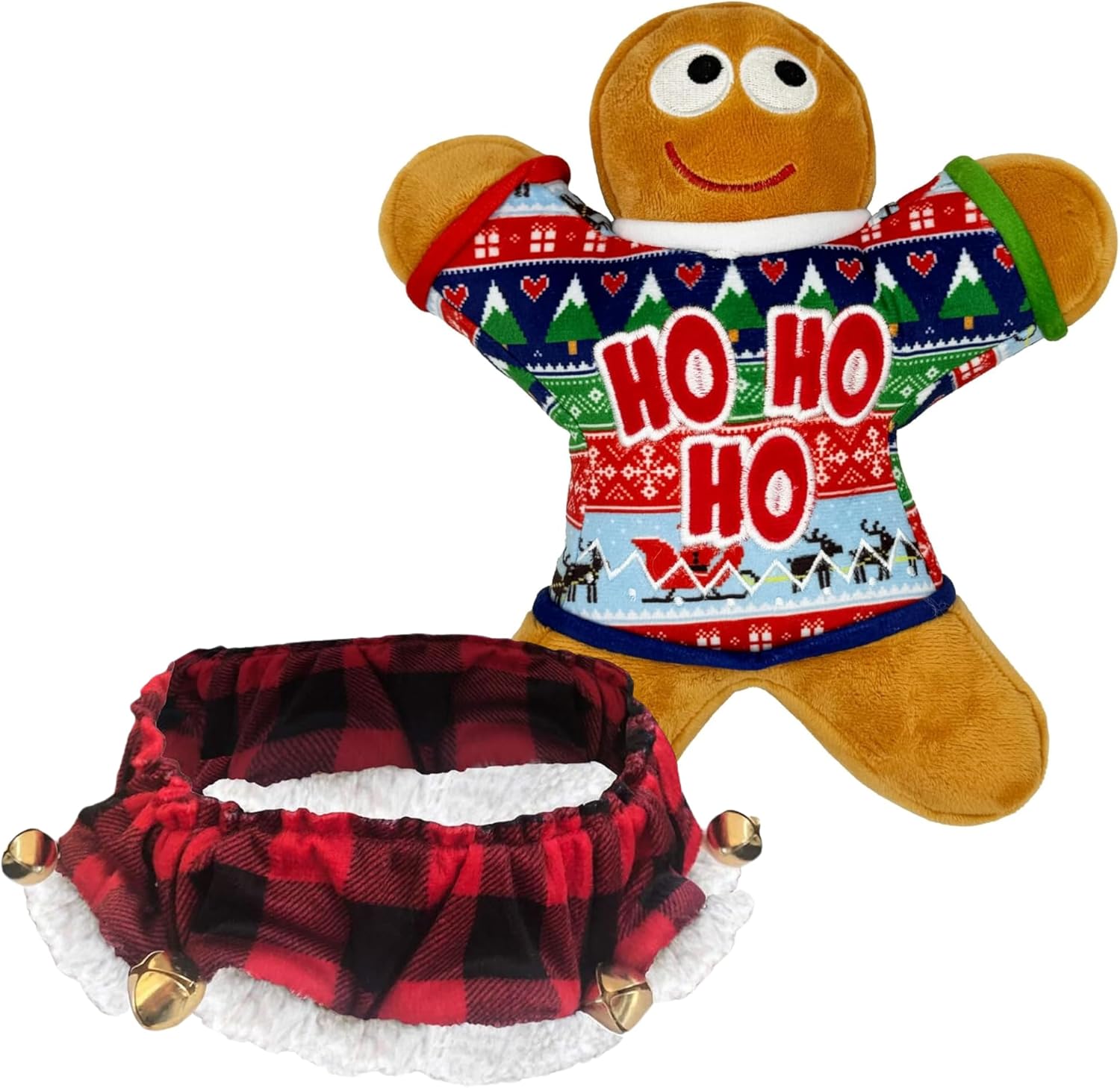 Huxley & Kent Christmas Holiday Ruff & Dog Toy Bundle | Large Buffalo Check Ruff and Large Ugly Sweater G-Man Plush Dog Toy | Large Plush Dog Toy and Large Stretchable Neckwear for Dogs