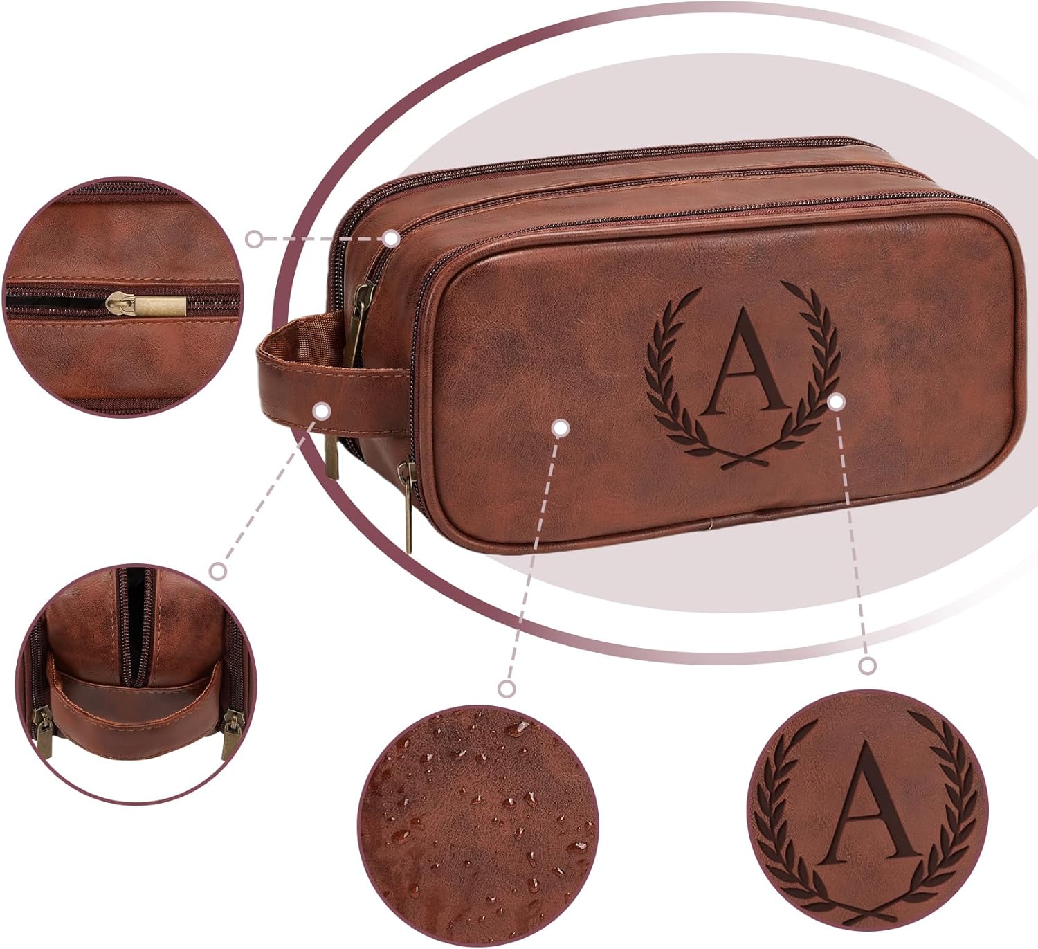 Janhavi Birthday Gifts For Husband, Personalized Laser Engraved Initials & Wheat, Make Up Bag Traveling, Men's Accessories Organizer Mens Travel Bag Toiletry,Mens Gifts(Medium, Red Brown, N)